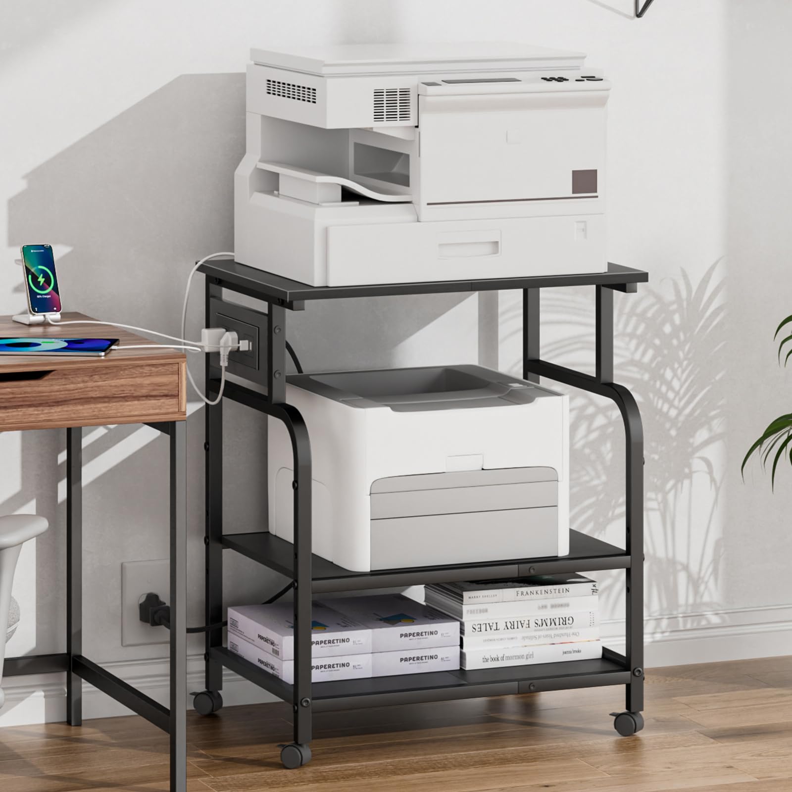 3 Tier Large Rolling Stand with Power Outlet & USB Port - Adjustable Storage Shelf for 3D Printer, Heat Press, Laser Machine - Mobile Workstation for Home Office, Workshop & Maker Space (Black)