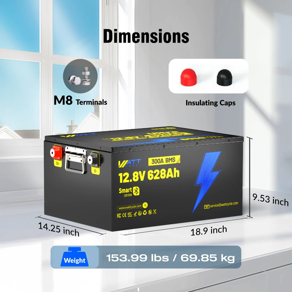 12V 628Ah Ultra Lightweight Lithium Battery with Bluetooth - Perfect for RVs, Boats, Solar Power Systems & Off-Grid Applications