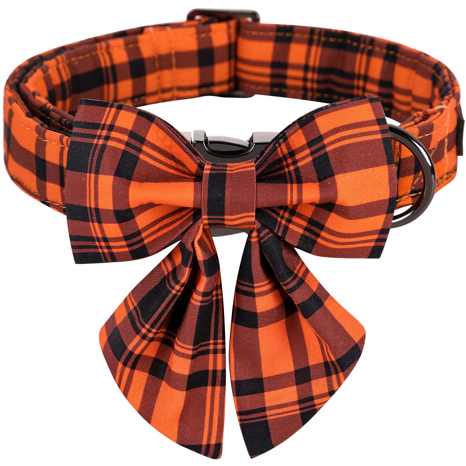 ARING PET Adjustable Dog Collar with Detachable Bow Tie - Fall Orange Grid Pattern, Metal Buckle for Halloween & Special Occasions - Perfect for Costumes, Parties & Daily Walks