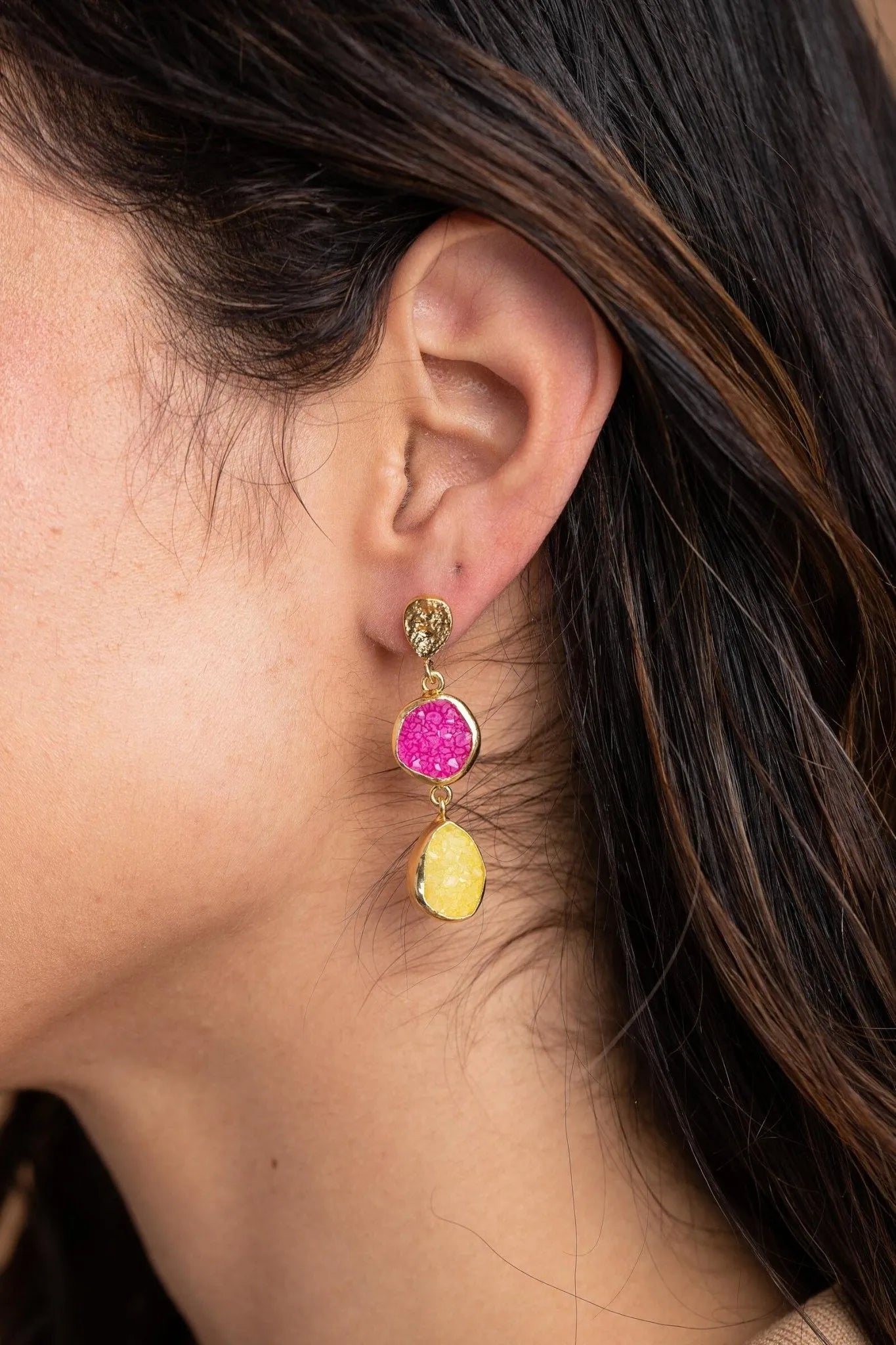 Two Tone Double Druzy Drop Earrings for Women – Elegant Dangle Jewelry for Party, Wedding & Everyday Wear