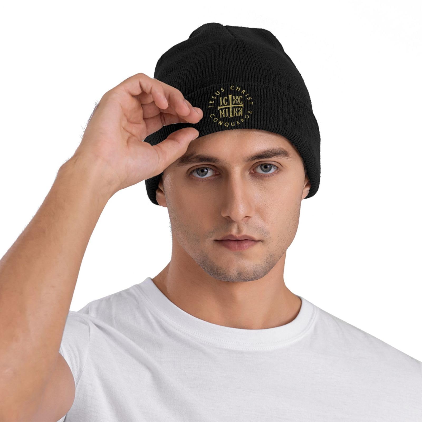 Orthodox Christian Jesus Christ Beanie Hat for Women & Men - Icxc Nika Cross Knit Skull Cap, Slouchy Winter Knitted Hat in Black - Perfect for Church, Prayer & Cold Weather