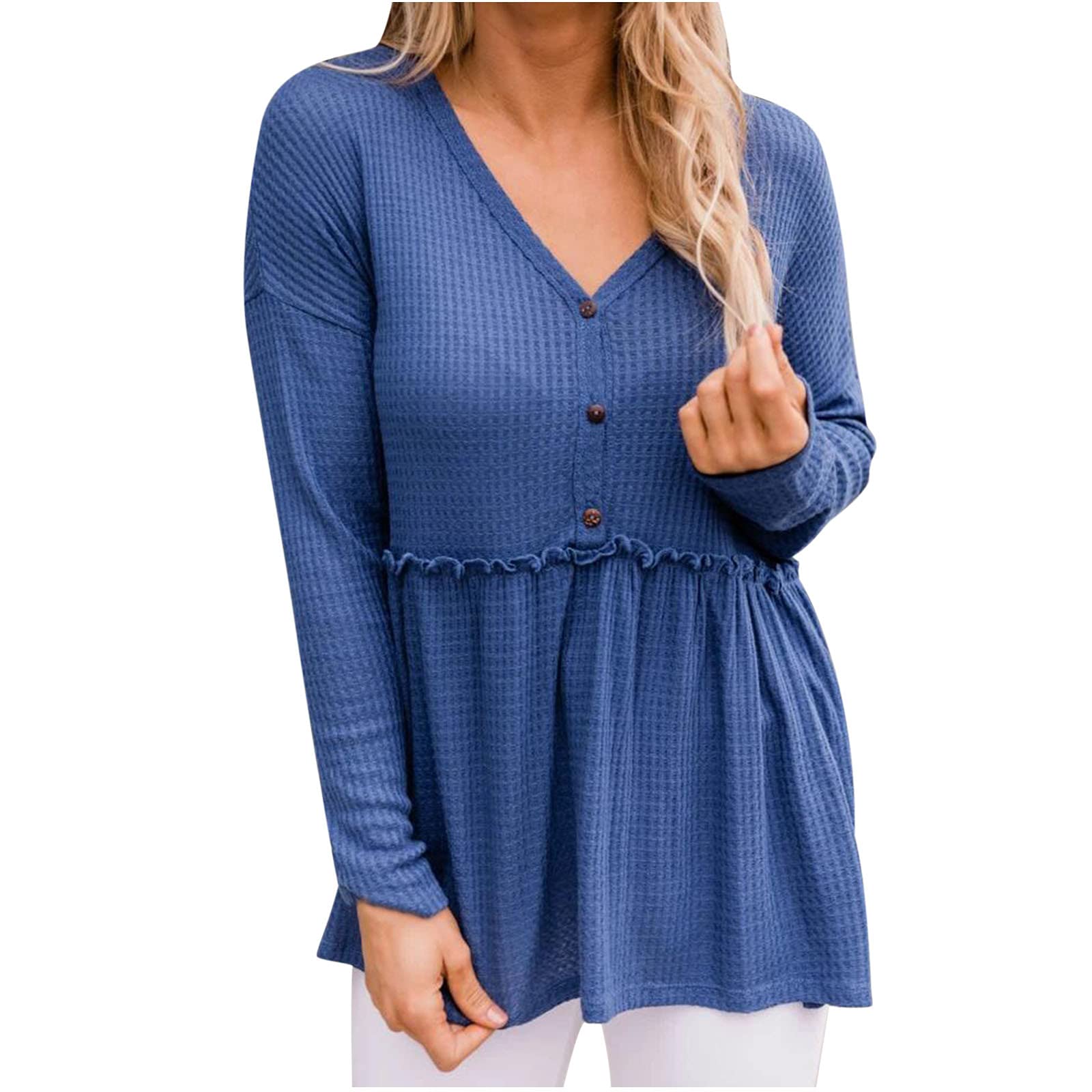 Women's Peplum Waffle Knit Shirt - V-Neck Babydoll Pullover Blouse for Fall | Solid Color Tunic Top for Work, Date Night & Casual Outfits