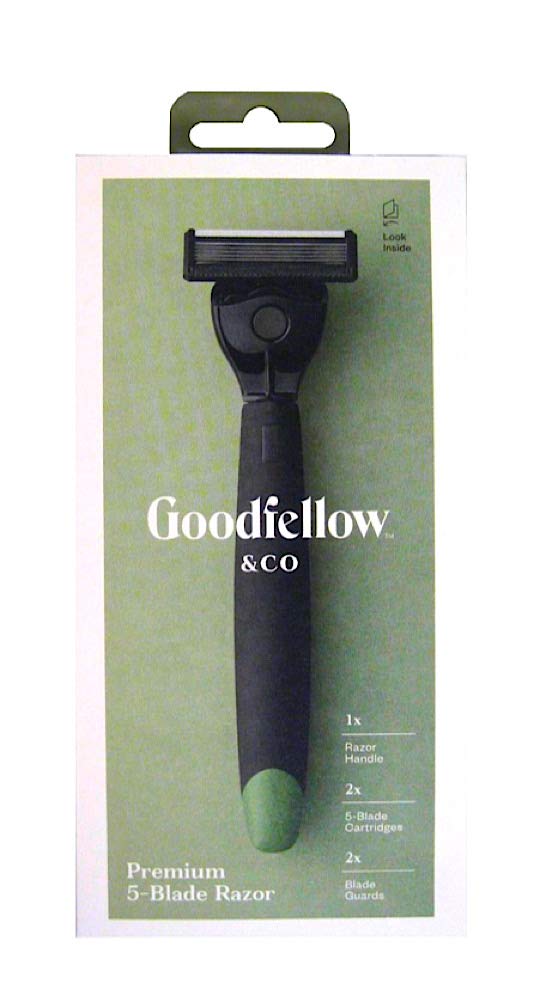 Goodfellow & Co 5-Blade Razor with 2 Cartridges - Unisex Black Rubber Handle Shaving Kit for Men & Women | Smooth Shave for Face, Legs & Body | Modern Stylish Design for Travel & Daily Grooming