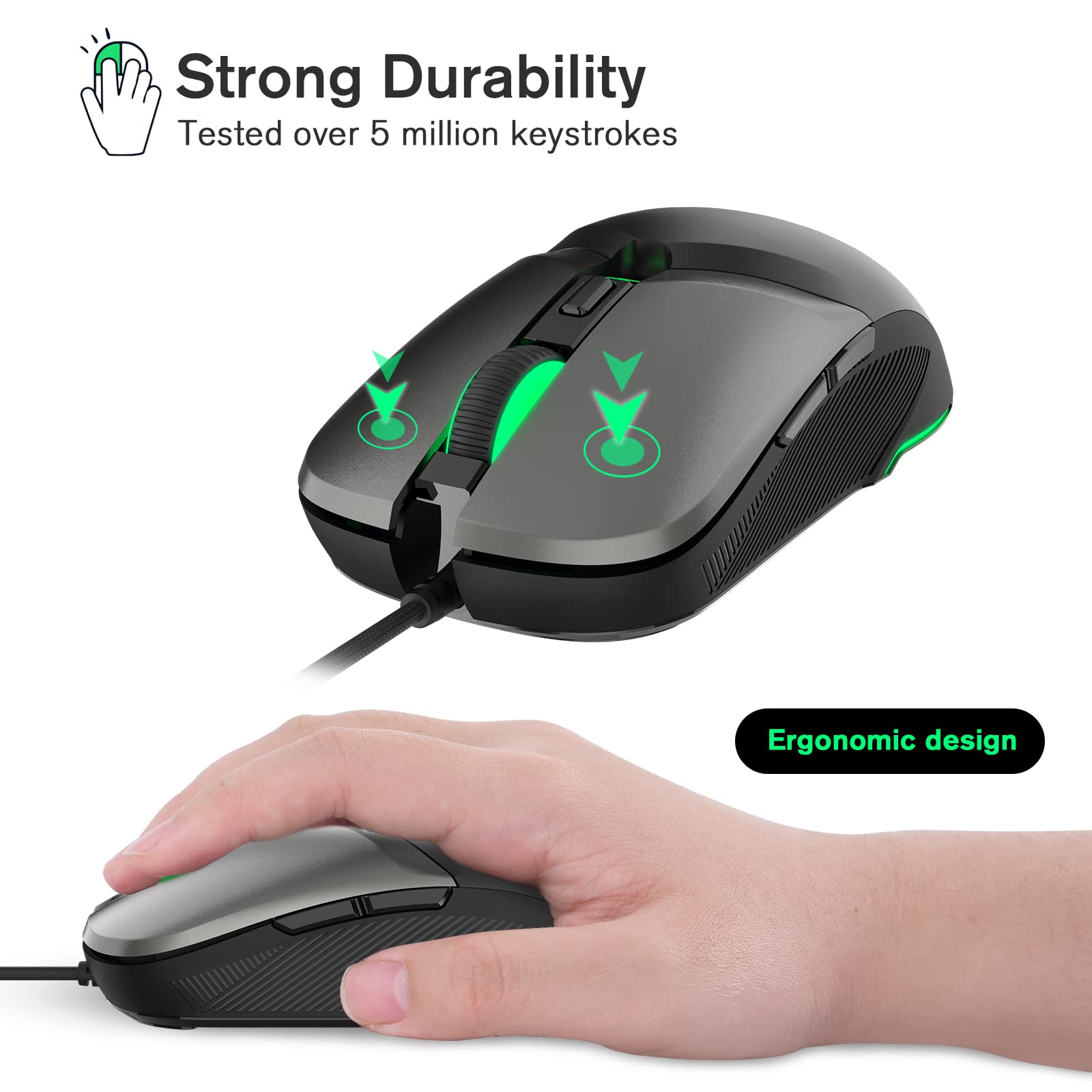 RaceGT Wired Gaming Mouse - High Precision 8000 DPI Adjustable USB Optical Mouse with RGB Backlit, Ergonomic Design for PC, Mac, Laptop - Perfect for FPS, MOBA Gaming & Office Work