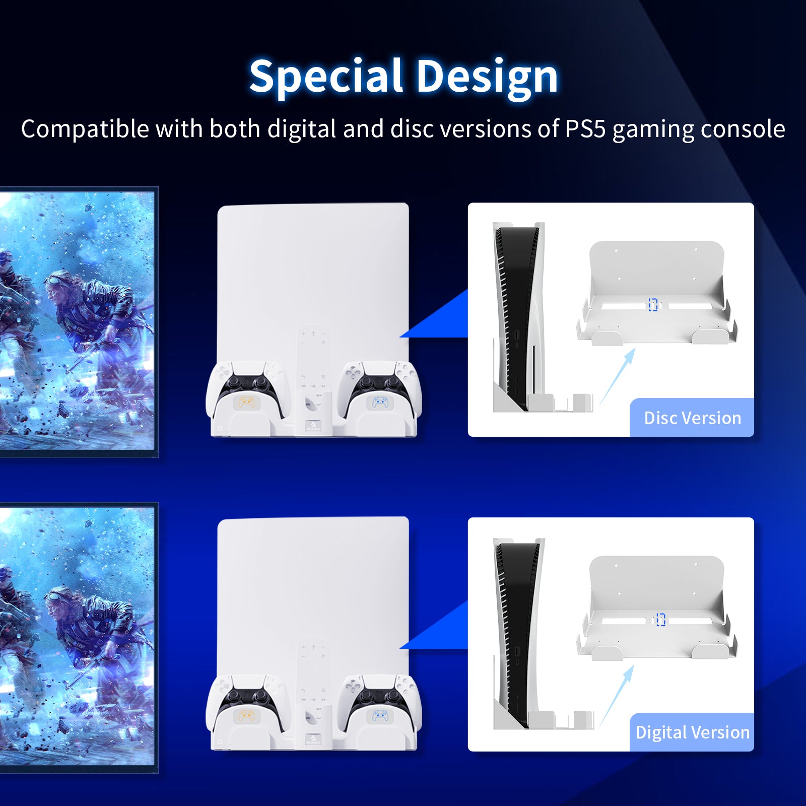 NexiGo PS5 Wall Mount with Dual Controller Charger - Secure Space-Saving Vertical Stand for PlayStation 5 - Perfect for Gaming Rooms, Living Rooms & Small Spaces