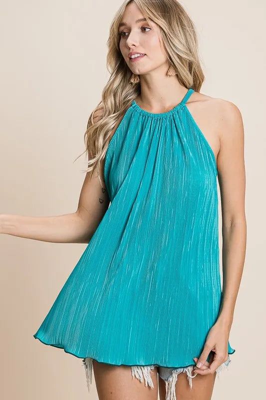 Stylish Bibi Pleating Knit Halter Neck Top in Teal - Perfect for Summer Outfits, Beach Wear & Casual Date Nights