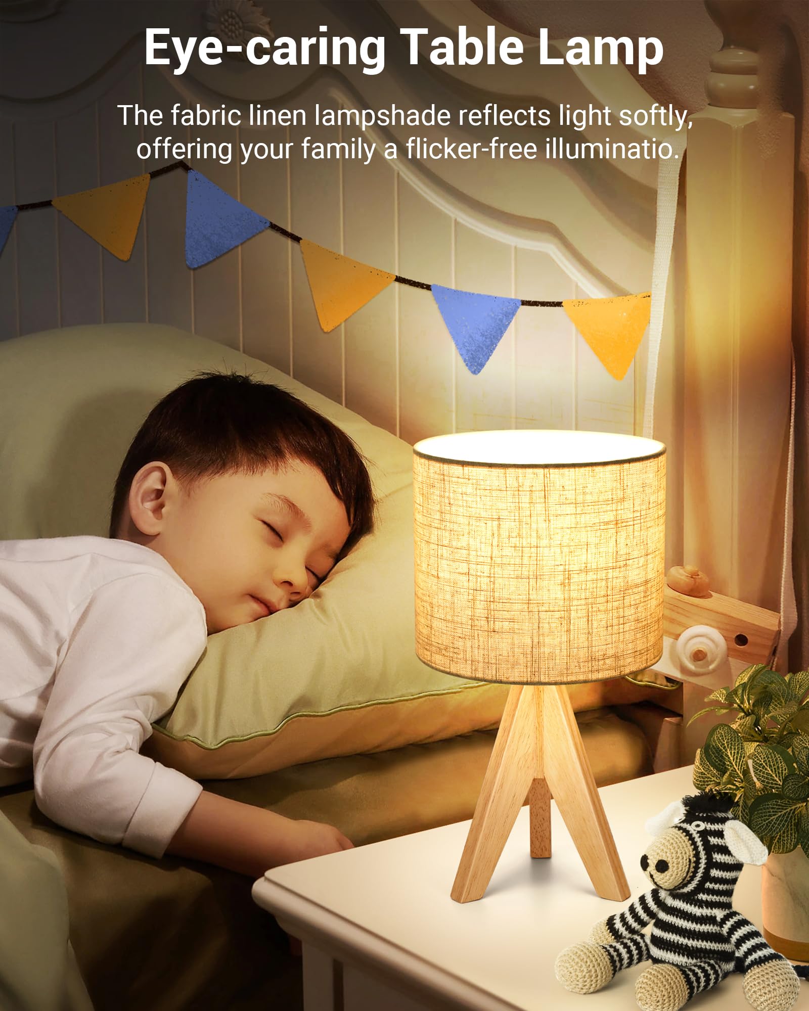 DEWENWILS Tripod Table Lamp with Linen Shade - 14.2 Inch Bedside Nightstand Lamp for Nursery, Bedroom, Kids Room - 2 Pack Set - Perfect for Reading, Study Desk & Cozy Home Decor