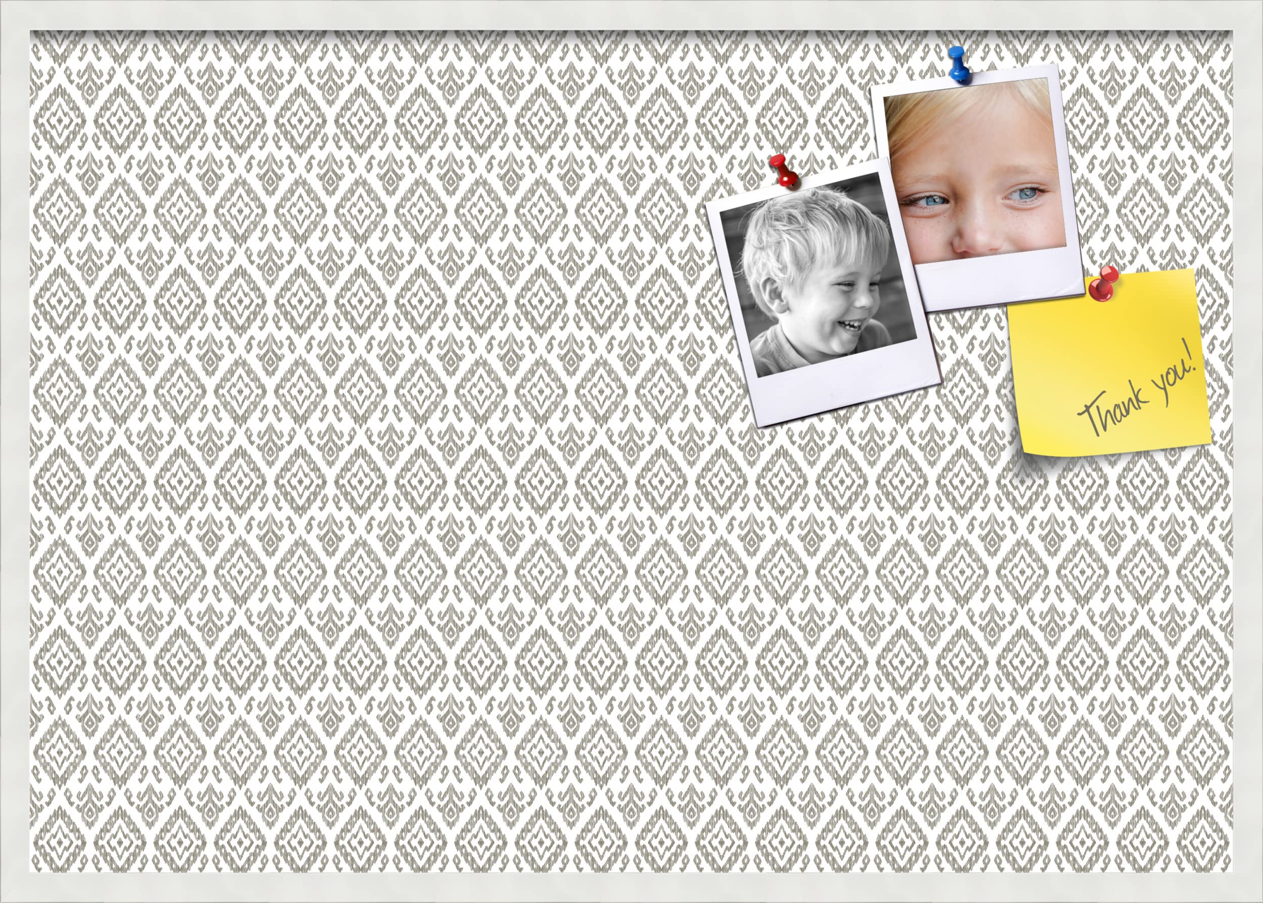 PinPix 40x28 Inch Cork Bulletin Board with Ikat Vintage Pewter Design & Satin White Frame - Decorative Framed Pin Board for Home Office School Decor - Perfect for Wall Organization, Memo Display & Photo Collage