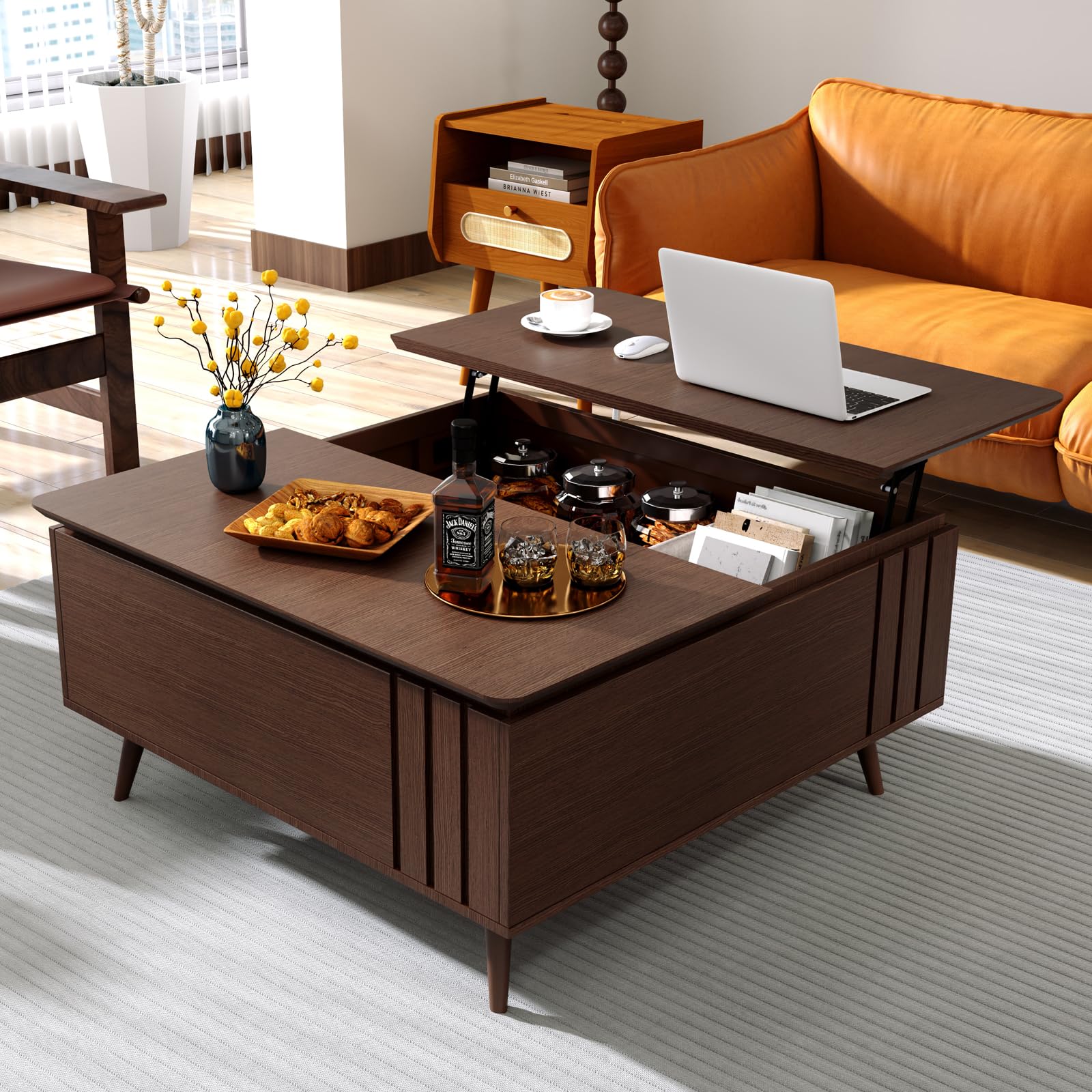 Lift Top Coffee Table with Storage, Mid Century Modern Square, Dark Walnut, Ideal for Living Room, Home Office, and Dining, Functional and Stylish