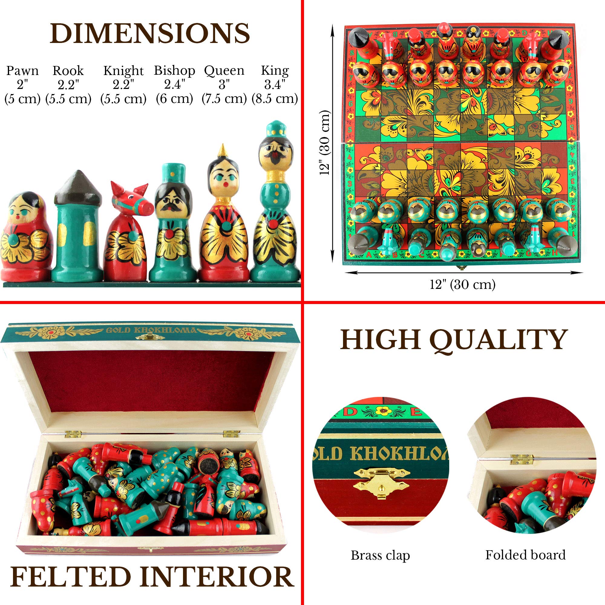 Hand-Painted Khokhloma Chess Set - Traditional Russian Wooden Chess Board with Folk Art Design | Perfect for Home Decor, Gift & Collectors