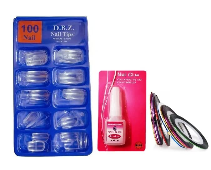 D.B.Z. Professional Nail Art Kit - 100 Transparent False Nails, 5 Color Nail Striping Tapes & Nail Glue (7-Piece Set) for DIY Manicure, Salon Nails & Home Nail Art Design