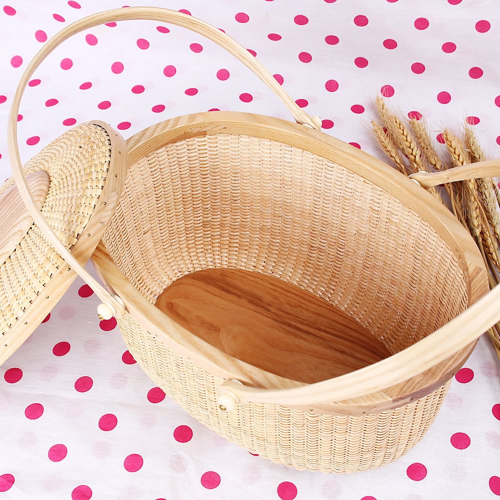 Handmade Nantucket Style Rattan Picnic Basket with Swing Handles - Woven Sewing Storage Tote Bag for Women - Perfect for Beach Outings, Picnics & Home Decor