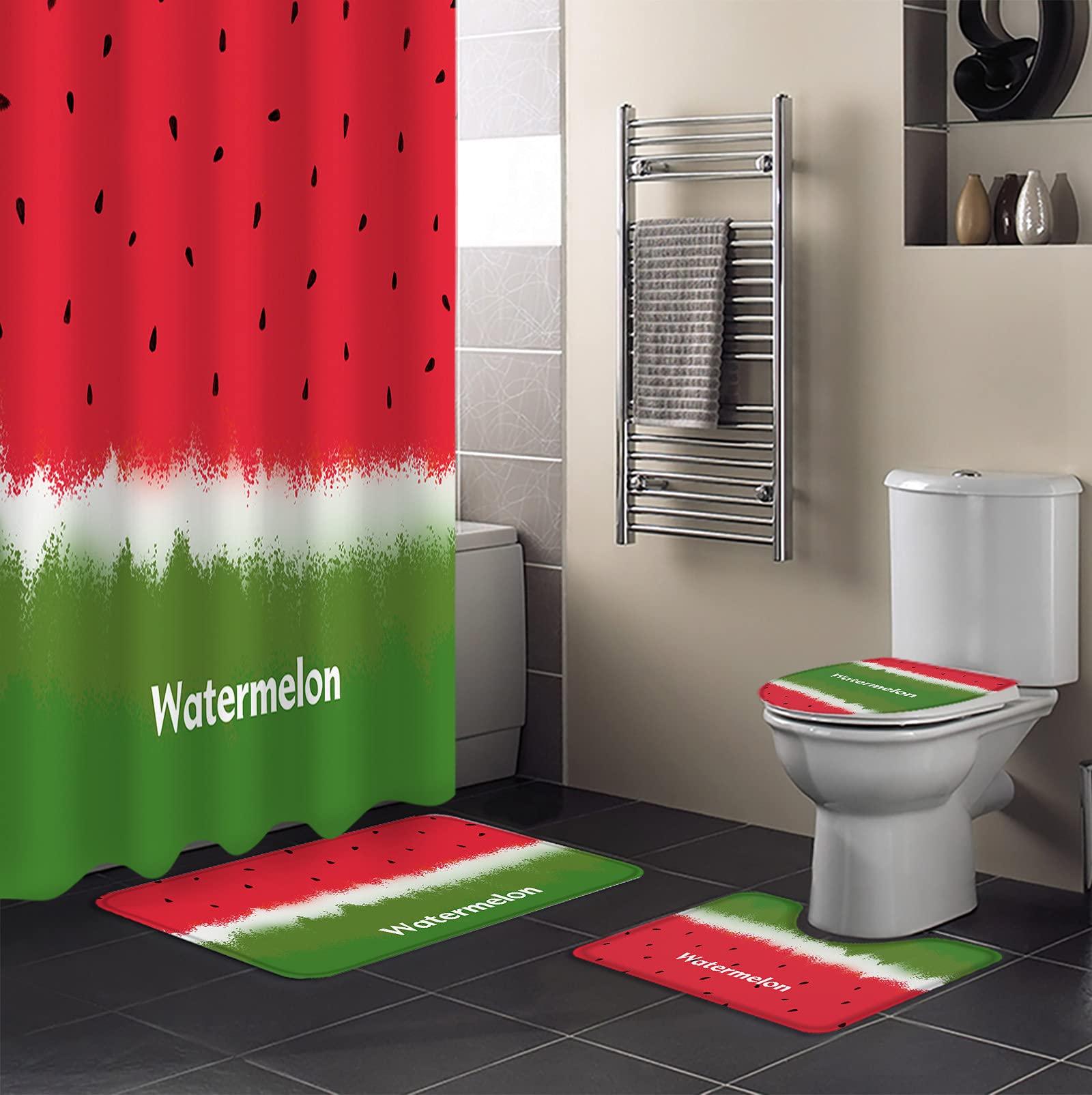 4-Piece Bathroom Rug Set with Watermelon Shower Curtain - Non-Slip Bath Mat, Toilet Lid Cover, Shower Curtain Hooks - Summer Fruit Theme Decor (36