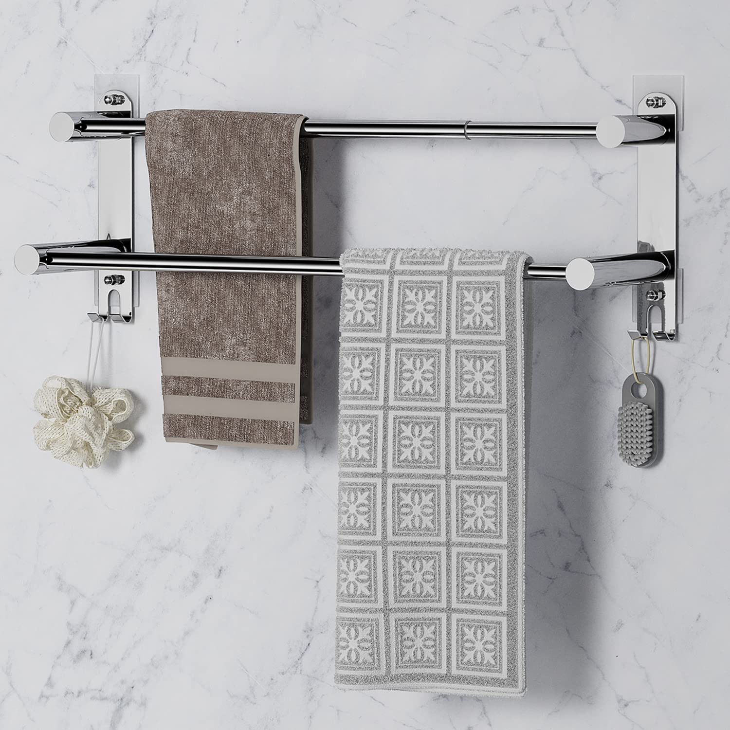 **Mlesi Adjustable Retractable Towel Bar 17-31 Inches, No Drill Wall Mounted 2-Tier Stainless Steel Towel Rack with Hooks & Adhesive (SUS304) - Perfect for Bathroom, Kitchen, Laundry Room & Dorm Organization**