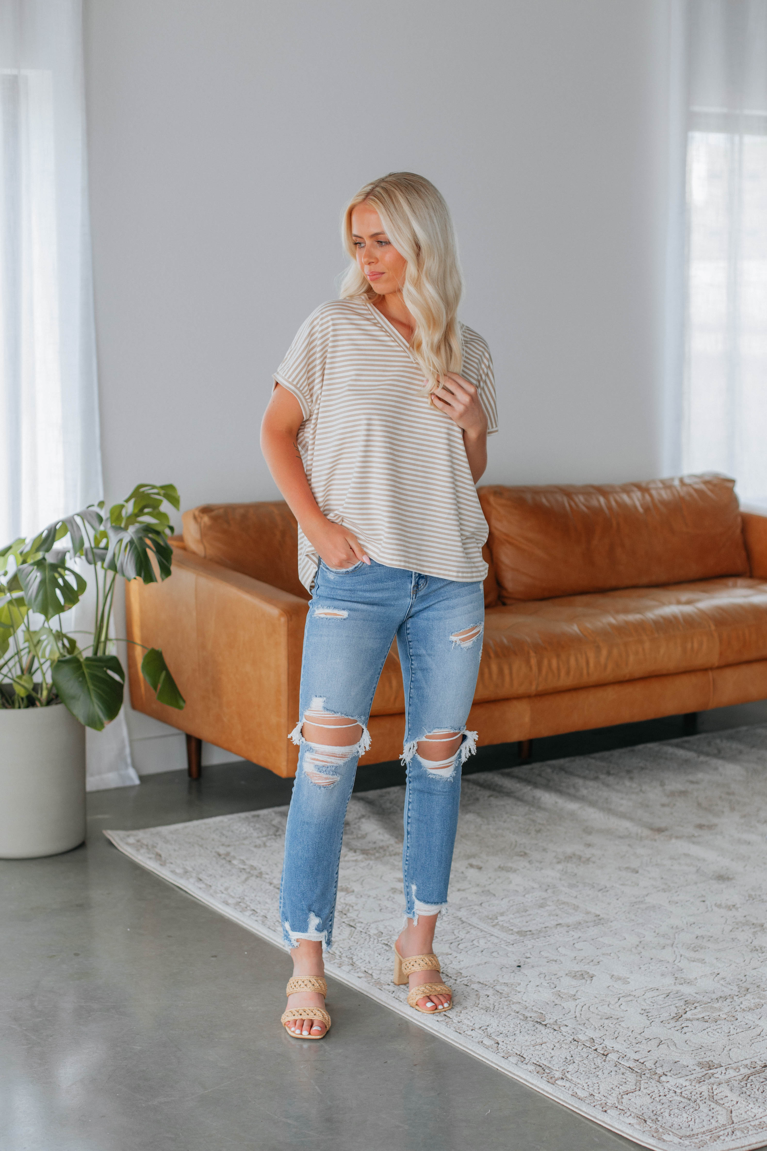 Calvin Striped Women's Top in Taupe - Casual Chic Shirt for Everyday Wear & Layering