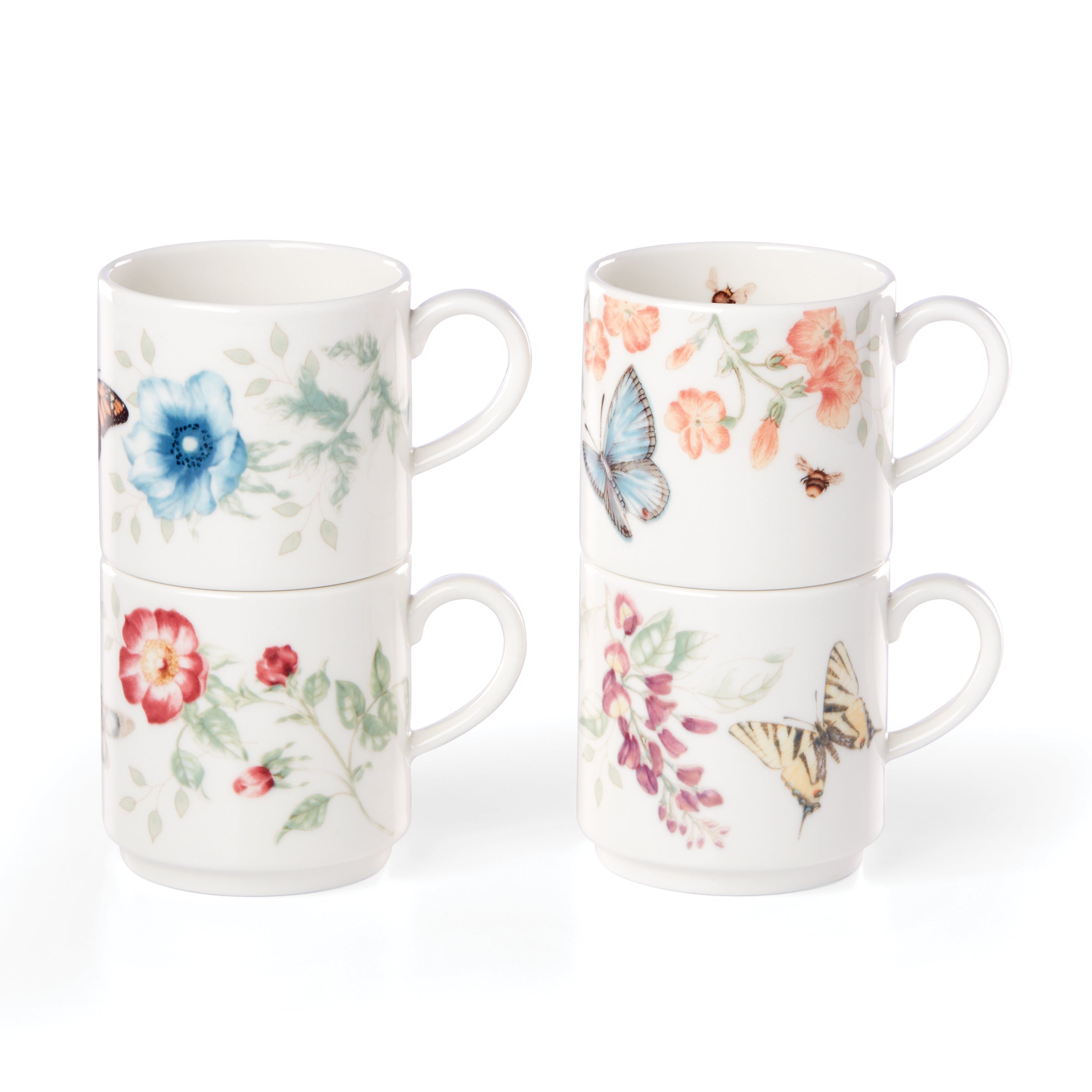 Butterfly Meadow Stacking Mugs Set of 4 - Colorful Ceramic Coffee Cups for Tea, Hot Drinks - Perfect for Home, Office & Gifts