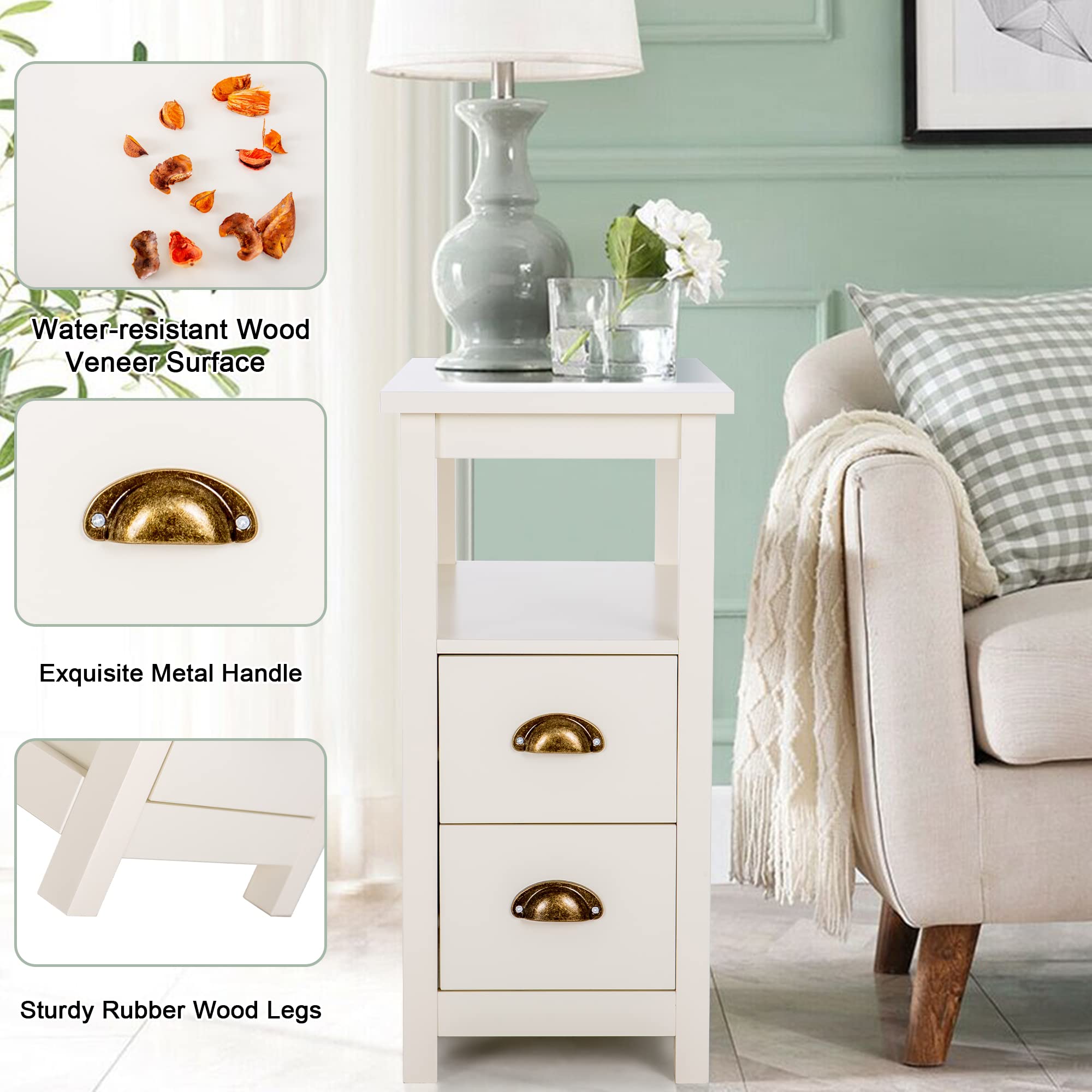PHI VILLA Narrow End Table with 2 Drawers - Modern Nightstand, Small Side Table for Bedroom, Living Room | Perfect as Bedside Table, Sofa Table, or Entryway Accent Piece