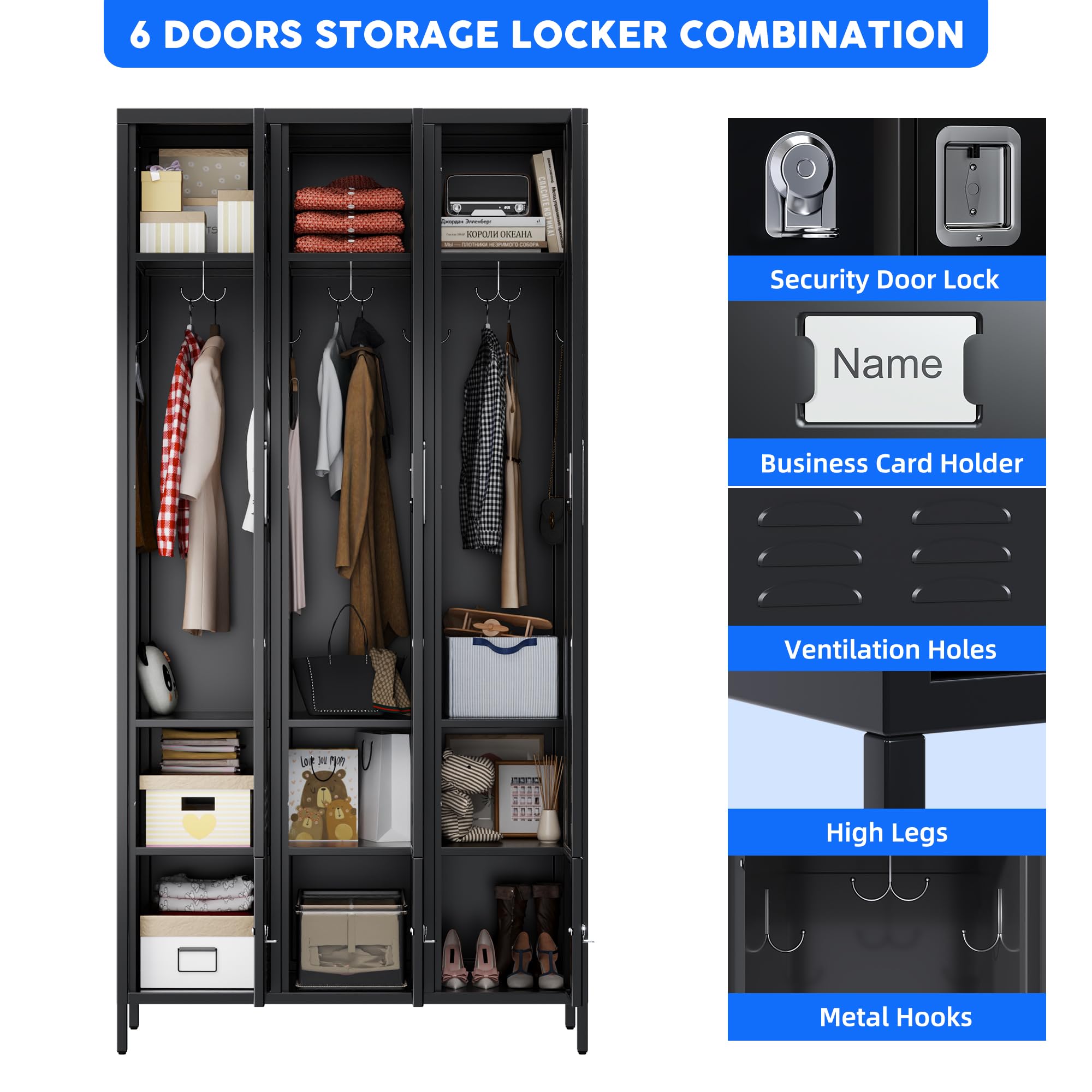 Aobabo 6-Door Metal Storage Locker Cabinet with Combination Lock - 72 Inch Tall Black Office Locker for Employee Storage, Home Office, Gym & School Use - Easy Assembly Required - Perfect for Workplace Organization, Sports Equipment Storage & School Changing Rooms