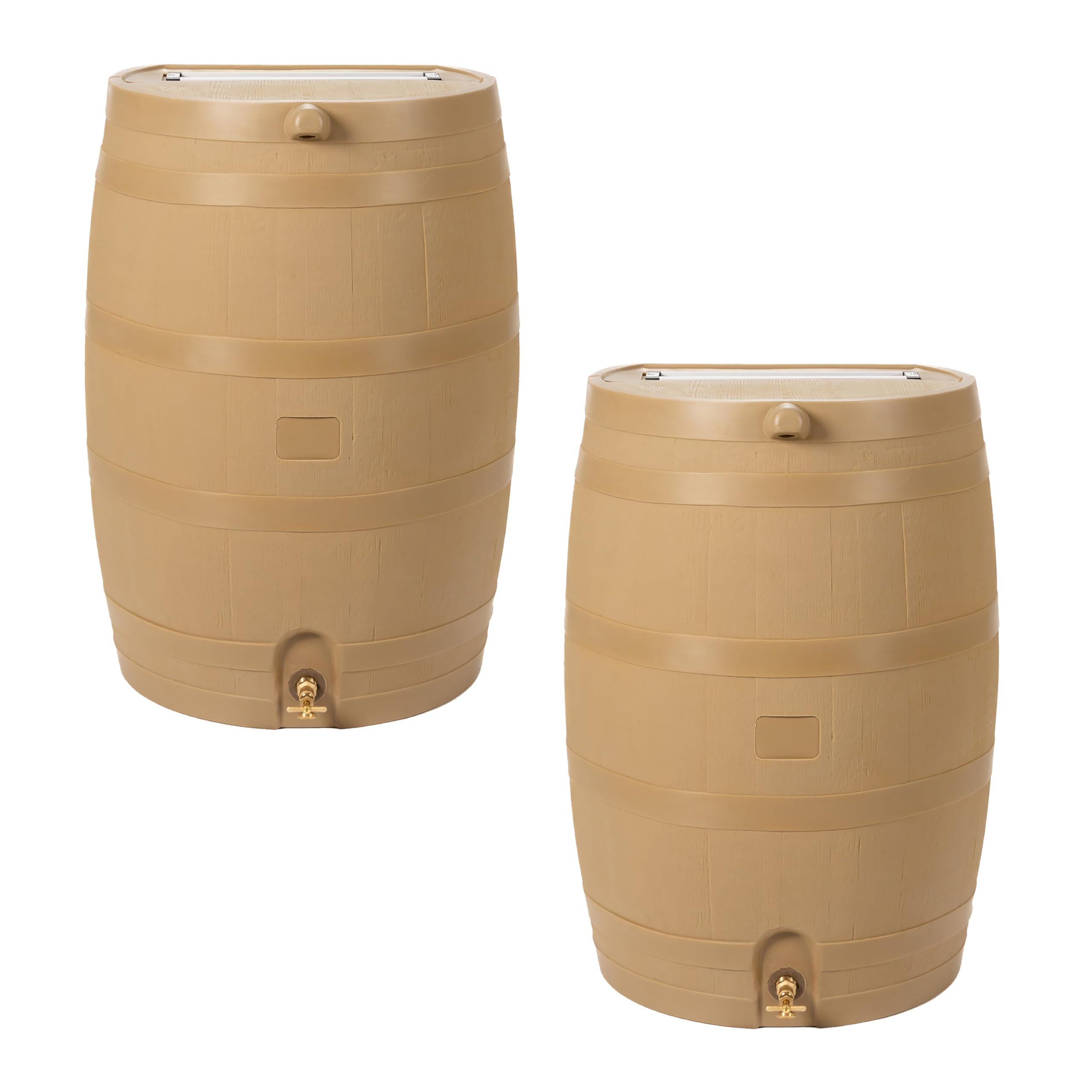 50-Gallon Flat Back Rain Barrel with Link Kit - Oak Color (2 Pack) - Eco-Friendly Water Collection for Garden, Lawn & Outdoor Use