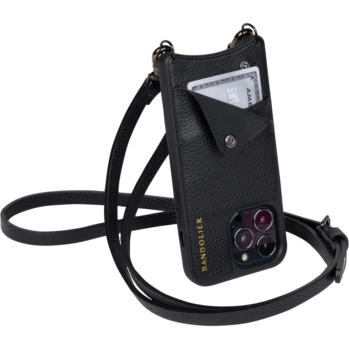 Bandolier Emma Crossbody Phone Case & Wallet - Premium Black Leather with Pewter Accents - Compatible with iPhone 13 Pro Max - Perfect for Hands-Free Shopping, Travel & Everyday Use