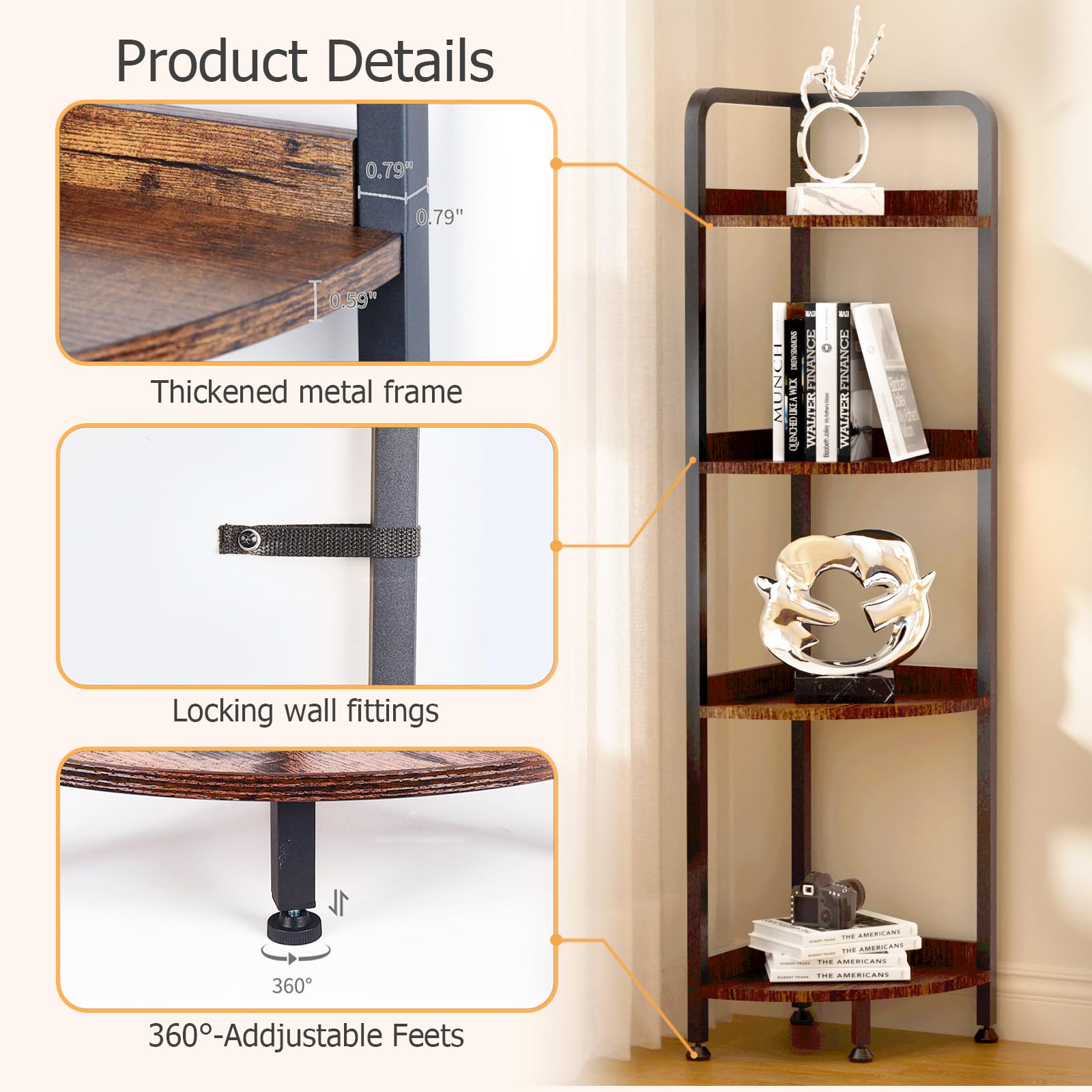 4-Tier Corner Shelf Stand - Rustic Brown Metal Frame Multi-Purpose Display & Storage Unit for Books, Plants & Decor | Perfect for Living Room, Home Office & Small Spaces