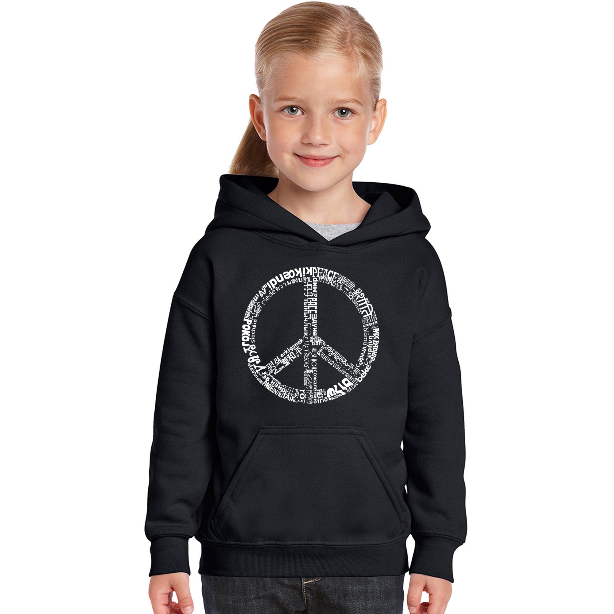 LA POP ART Girls' Word Art Hooded Sweatshirt - PEACE in 77 Languages | Cute Graphic Pullover for Teens & Women | Perfect for School, Streetwear & Peace Activism