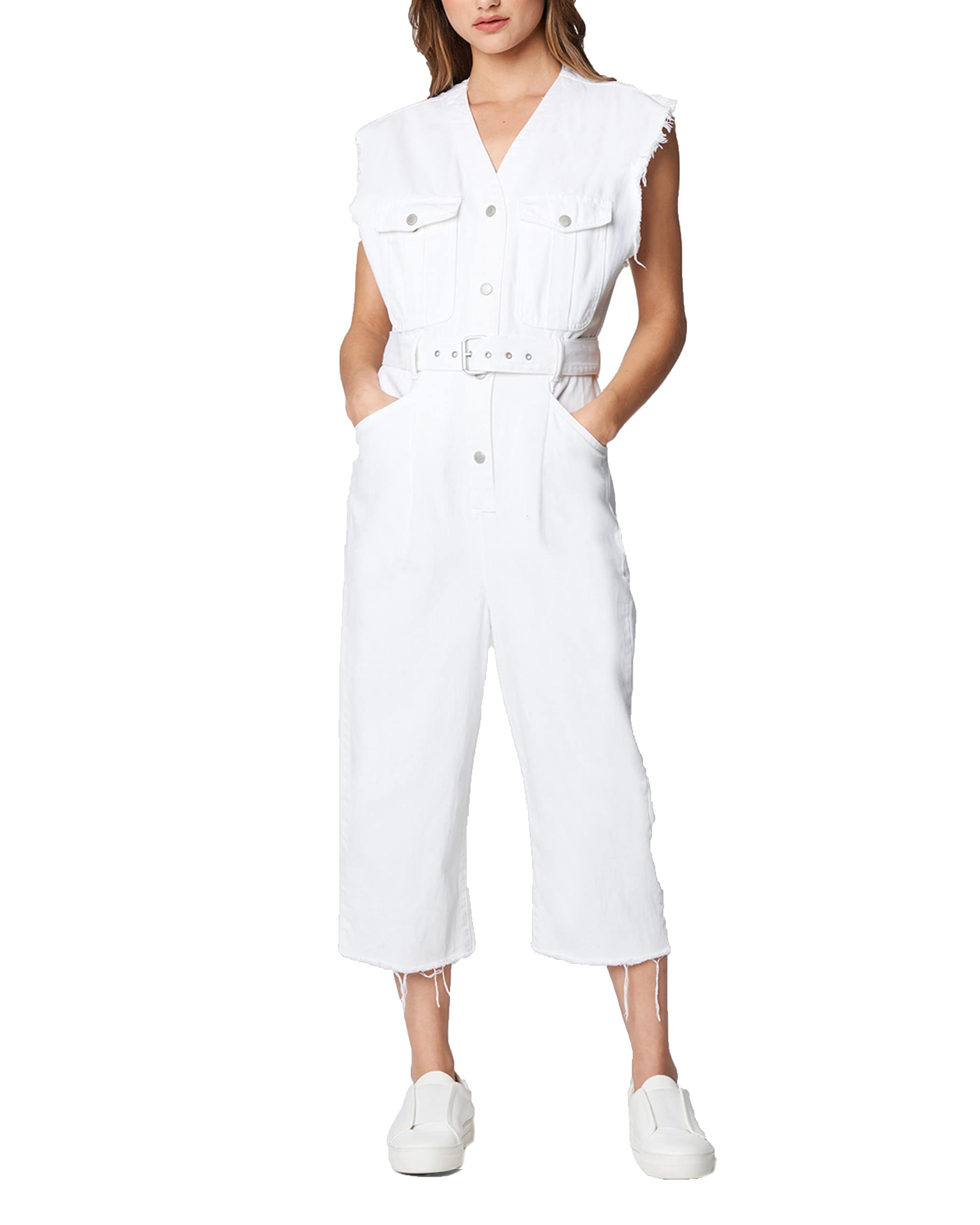 BLANKNYC Women's Sleeveless Belted White Denim Jumpsuit - Stylish Designer Romper for Summer Outfits, Casual Wear & Beach Vacation Fashion