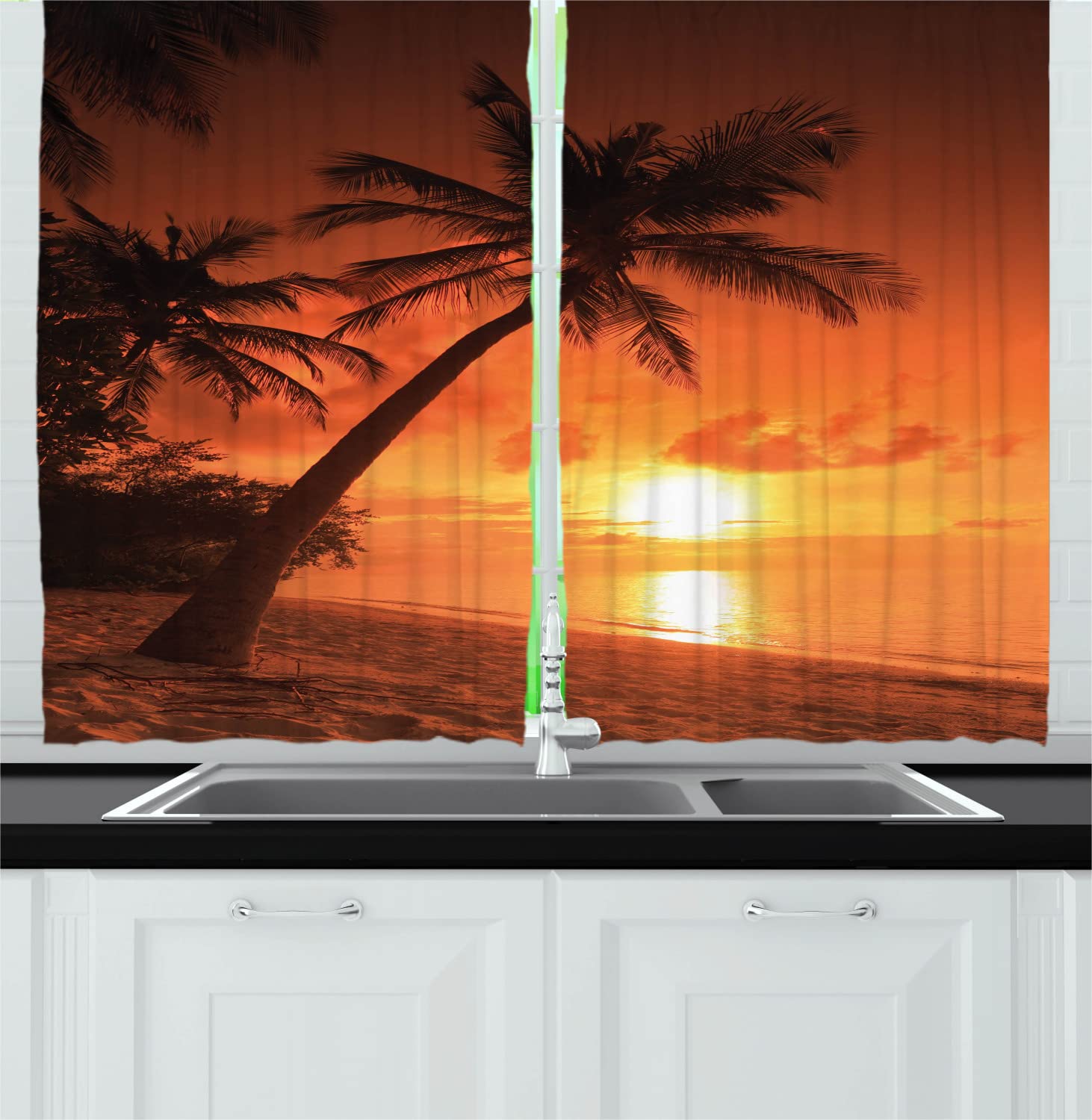 Ambesonne Tropical Beach Kitchen Curtains - Sunset Coconut Palms Maldives Design, 55