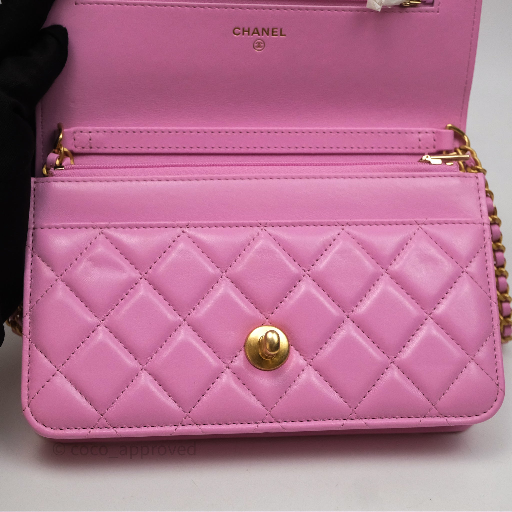 Chanel CC Chain Wallet On Chain WOC in Pink Lambskin with Aged Gold Hardware - Luxury Crossbody Bag for Women, Perfect for Evening Out & Special Occasions