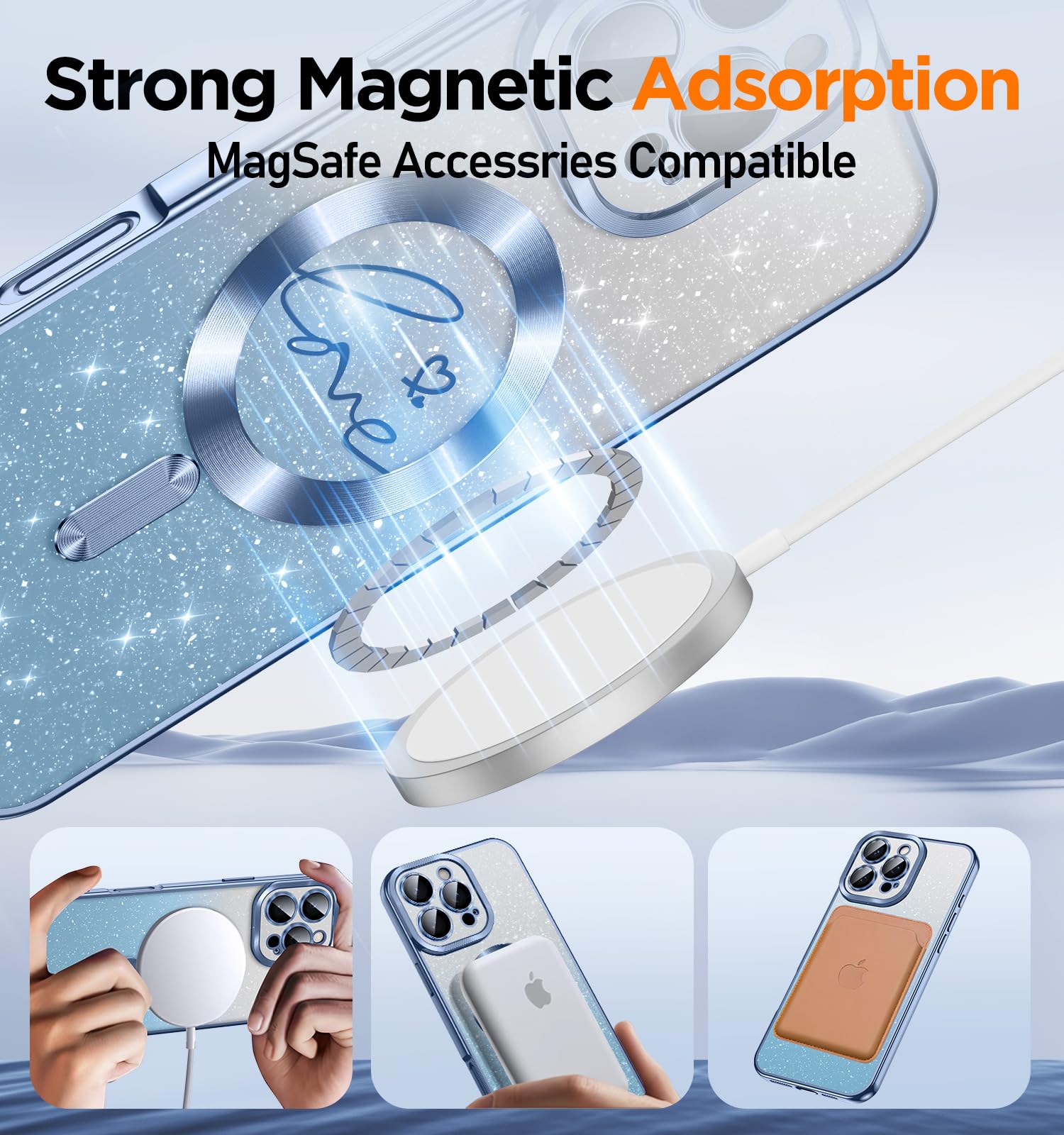 Magnetic Glitter iPhone 16 Pro Case with Full Camera Lens Protector | Compatible with MagSafe | Sparkly Love Hearts Design | Protective Phone Cover for Women & Girls (Blue) - Perfect for Everyday Use, Work, and Social Events