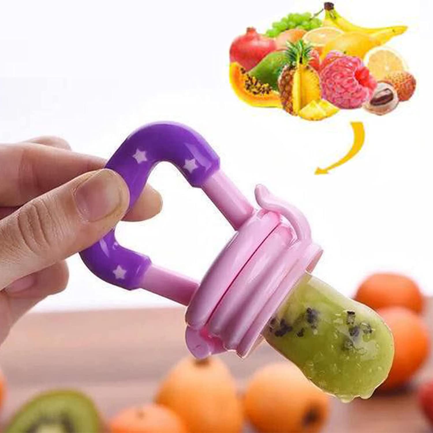 BPA-Free Baby Food Feeder with Spoon - Safe Silicone Fruit & Vegetable Feeder for Infants & Toddlers - Teething Pacifier & Training Spoon Set - Perfect for Fresh Fruits, Veggies & Snacks - Ideal for On-the-Go Feeding & Baby-Led Weaning