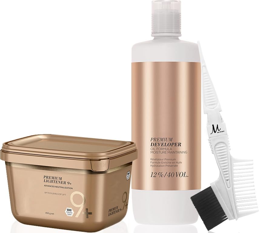Blond Me Lightener 9+ Premium Bleach 450g & 12% Developer 1L Bundle with Tint Brush Comb - Professional Hair Lightening Kit for Salon & Home Use