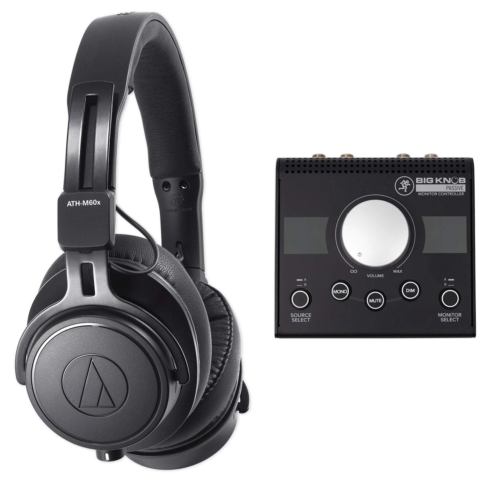 Audio-Technica ATH-M60X Professional Studio Monitor Headphones & Mackie Big Knob Passive Monitor Controller - Perfect for Music Production, Podcasting & Home Recording Studios