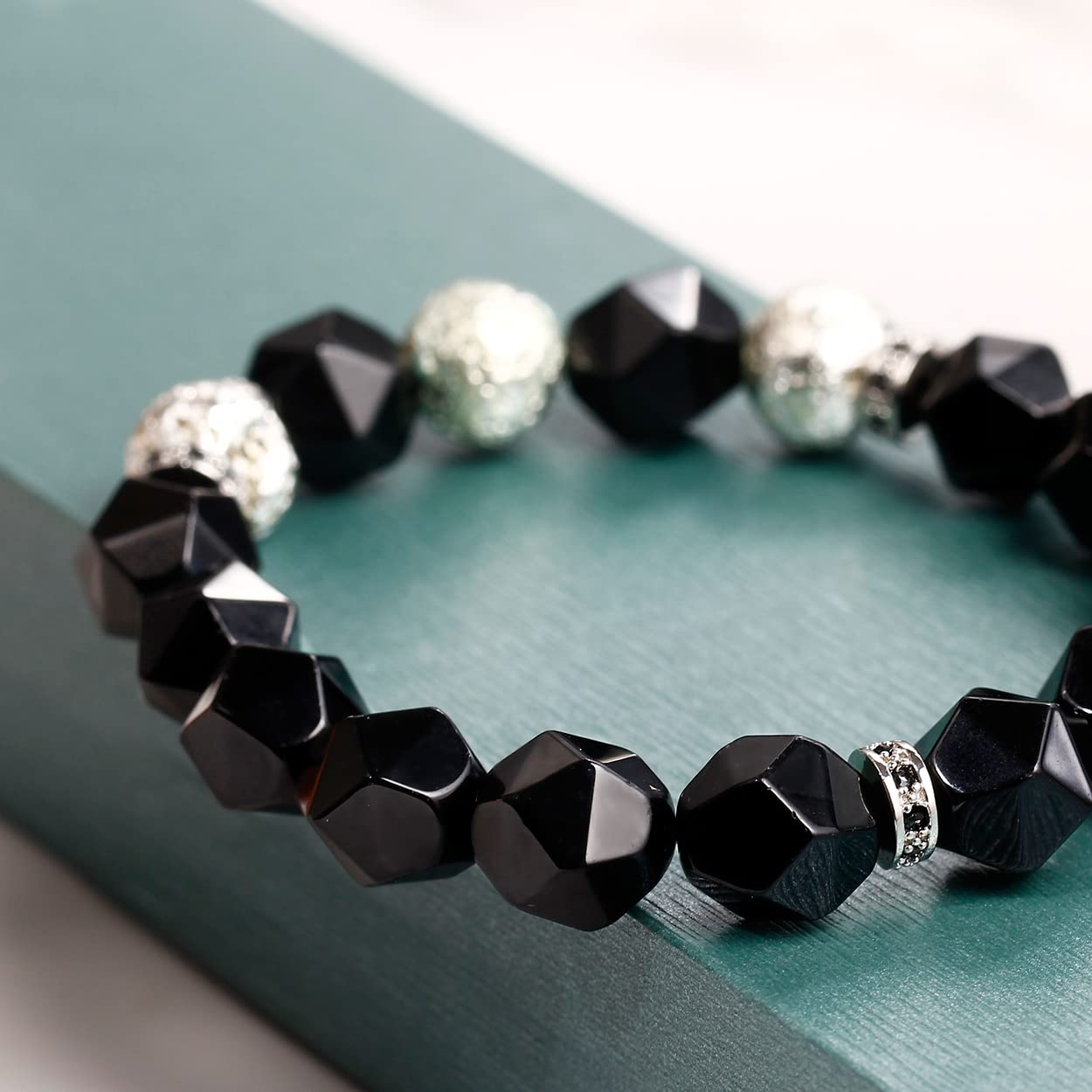 Black Obsidian & Silver Lava Stone Bracelet for Men - Essential Oil Diffuser, Yoga & Meditation Beaded Stretch Bracelet - Perfect for Stress Relief, Spiritual Healing & Everyday Wear