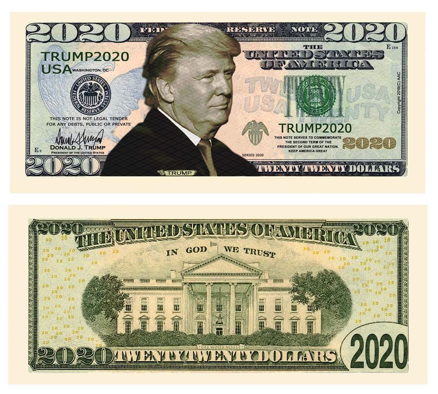 Donald Trump 2020 Re-Election Presidential Dollar Bill - Pack of 50 Limited Edition Novelty Money - Full Color Front & Back Printing - Perfect for Political Memorabilia Collectors, Gag Gifts, and Election Campaign Decorations