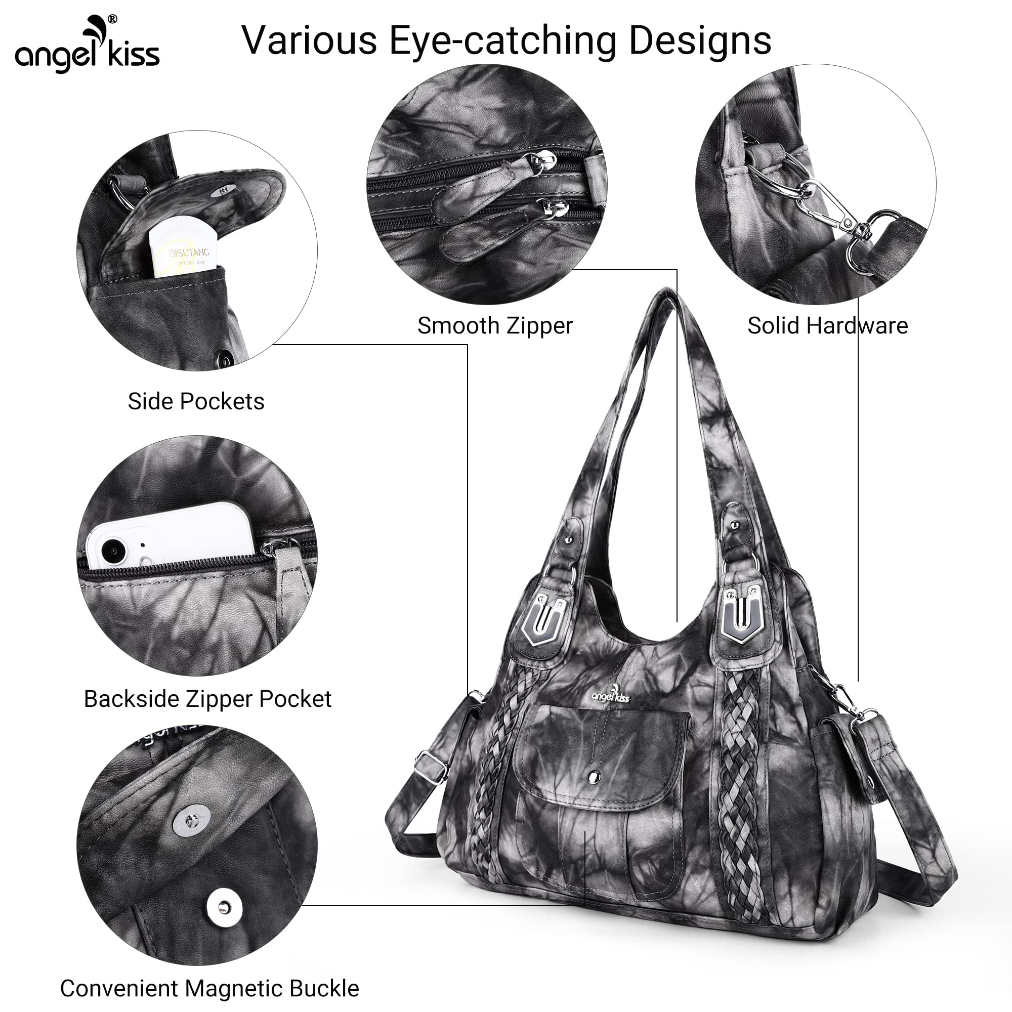 Angelkiss Women's Vegan Leather Crossbody Hobo Satchel Shoulder Tote Purse - Stylish Handbag for Work, Travel & Everyday Use
