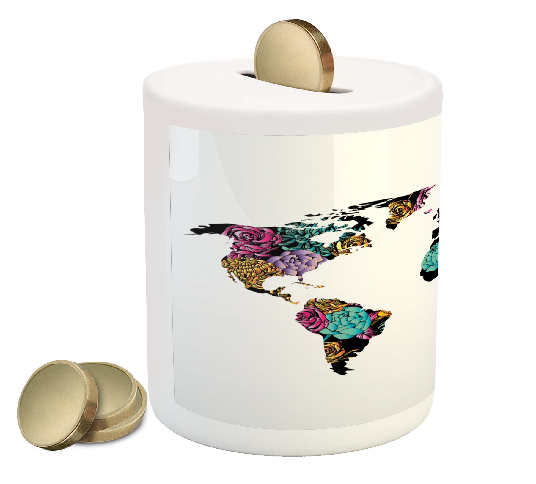 Ambesonne Floral World Map Ceramic Piggy Bank - Vintage Rose Blossom Continents Design, Money Saving Coin Bank for Cash & Coins | Perfect Gift for Collectors, Home Decor & Kids Savings