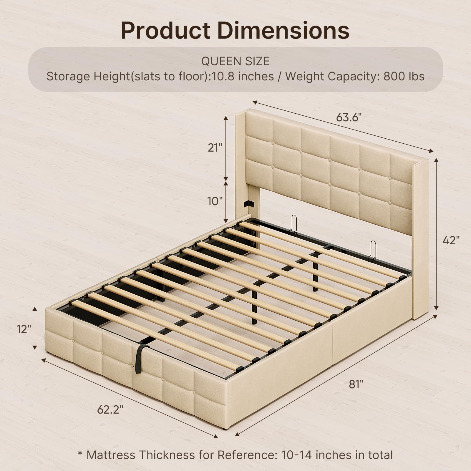 Gizoon Queen Size Upholstered Platform Bed Frame with Lift Up Hydraulic Storage, Wingback Headboard & Wooden Slats - No Box Spring Needed, Beige - Perfect for Small Bedrooms & Modern Home Decor
