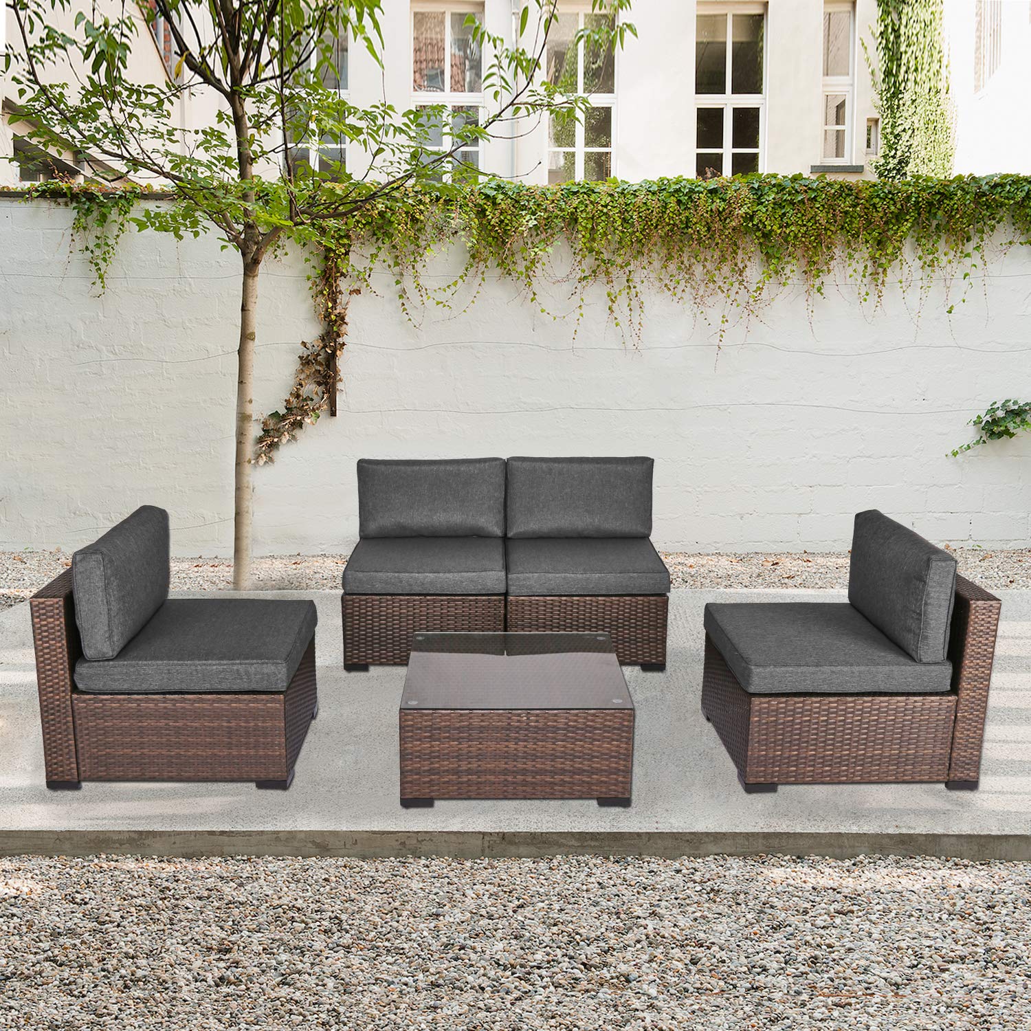 5-Piece PE Rattan Patio Furniture Set - Outdoor Wicker Sectional Sofa with Coffee Table for Backyard, Garden, or Poolside Relaxation