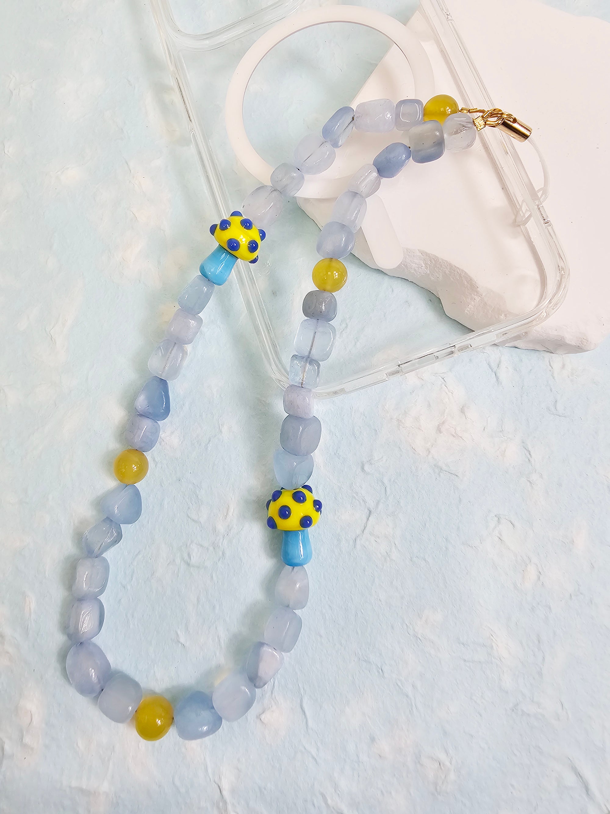 Unique Aquamarine & Yellow Mushroom Phone Strap - Handmade Charm for iPhone, Samsung & Smartphones | Perfect Gift for Anime Fans & Kawaii Lovers
