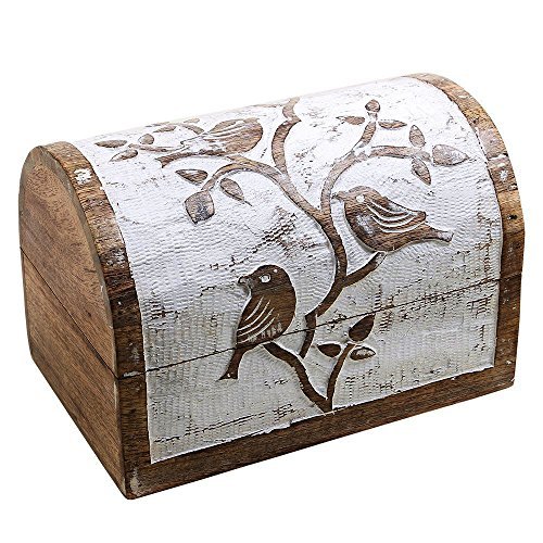 Vintage White Distressed Wooden Jewelry Box with Bird Design - Multipurpose Treasure Chest, Jewelry Organizer, Keepsake & Trinket Storage Box with Lock - Perfect Watch Box & Romantic Gift for Women, Brides, Anniversaries - Home Decor & Bedroom Dresser Organizer