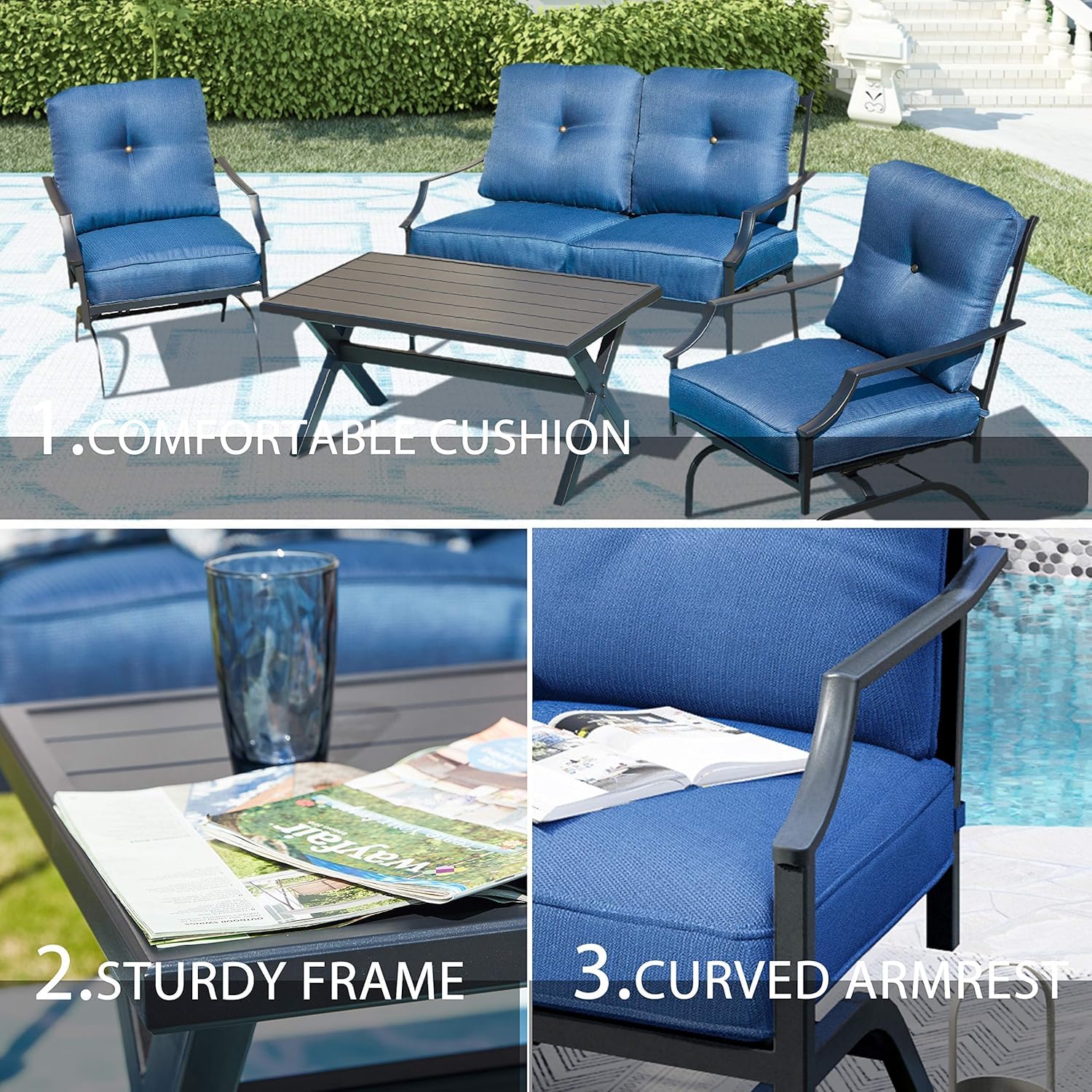 LOKATSE HOME 4-Piece Outdoor Patio Furniture Set - Metal Bistro Chairs with Cushions & Coffee Table - Blue Conversation Set for Garden, Backyard, Poolside & Balcony Relaxation