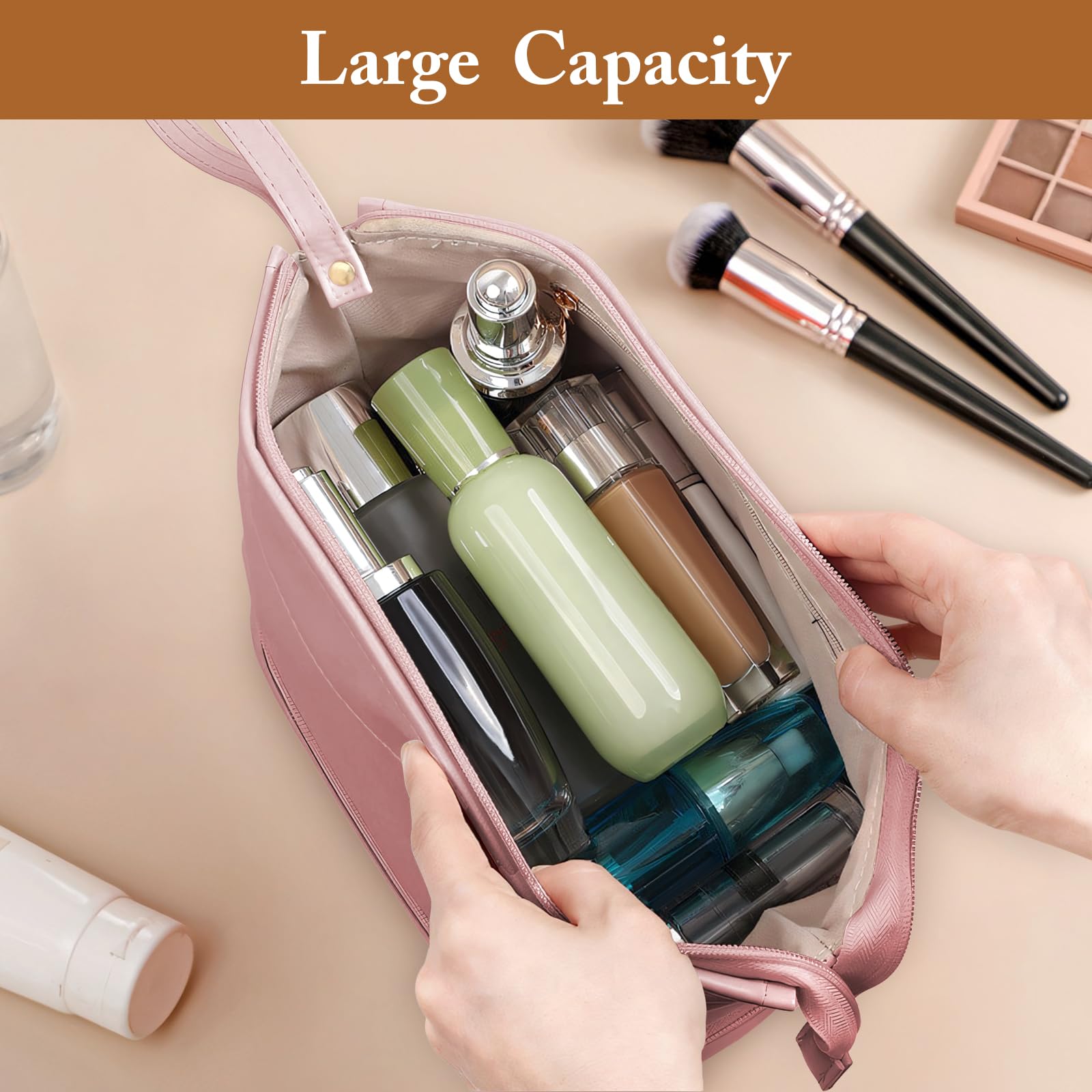 Women's Travel Cosmetic Bag - Double Layer Leather Makeup Organizer with Brush Compartments | Large Pink Toiletry Bag for Girls | Perfect for Air Travel, Vacation & Gym Essentials