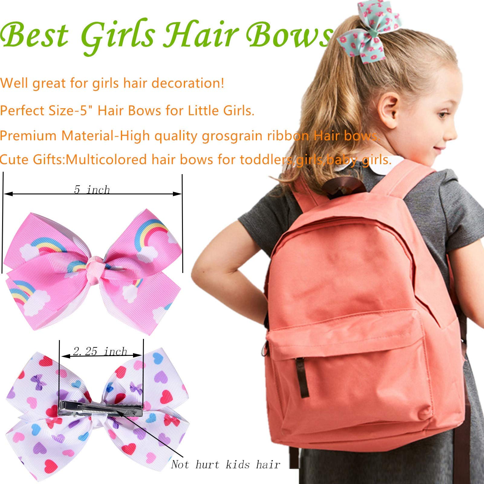 5 Inch Grosgrain Ribbon Hair Bows for Girls - 18 Color Pack of Hair Clips & Hair Accessories - Perfect for School, Parties, and Everyday Style