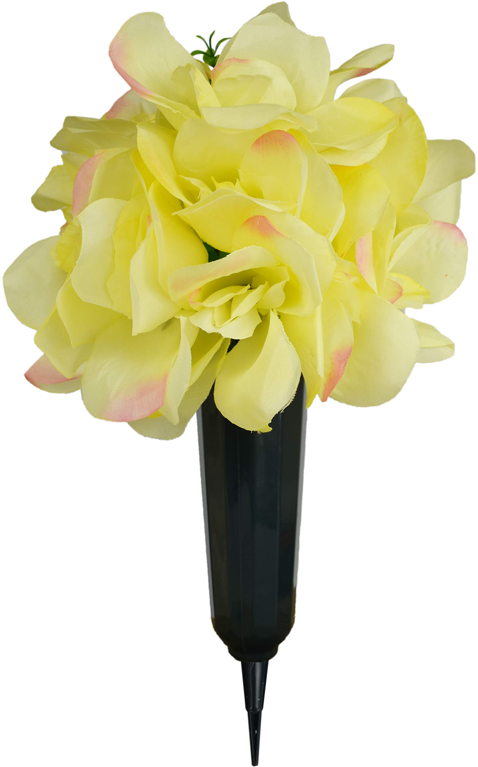 2 Pack Artificial Yellow Rose Bouquet with Green Cemetery Vases - Long Lasting Fake Flowers for Graveside Decor - Memorial, Funeral & Sympathy Arrangement (Yellow Roses with Green Vase)