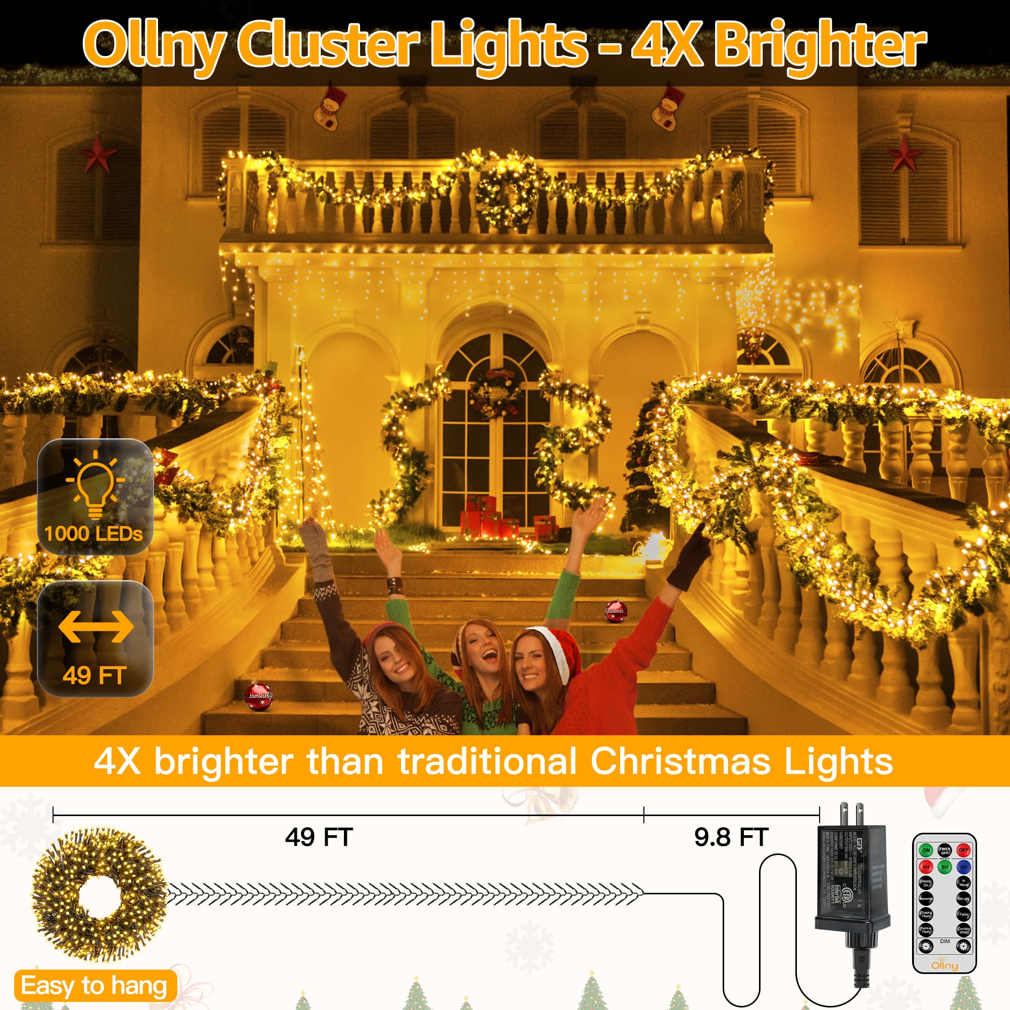 Ollny 1000LED 49FT Christmas Cluster Lights - Warm White String Lights with 8 Modes & Timer Remote Control | Waterproof Indoor/Outdoor Holiday Decor for Christmas Tree, Garland, Patio, Yard, and Home Decoration