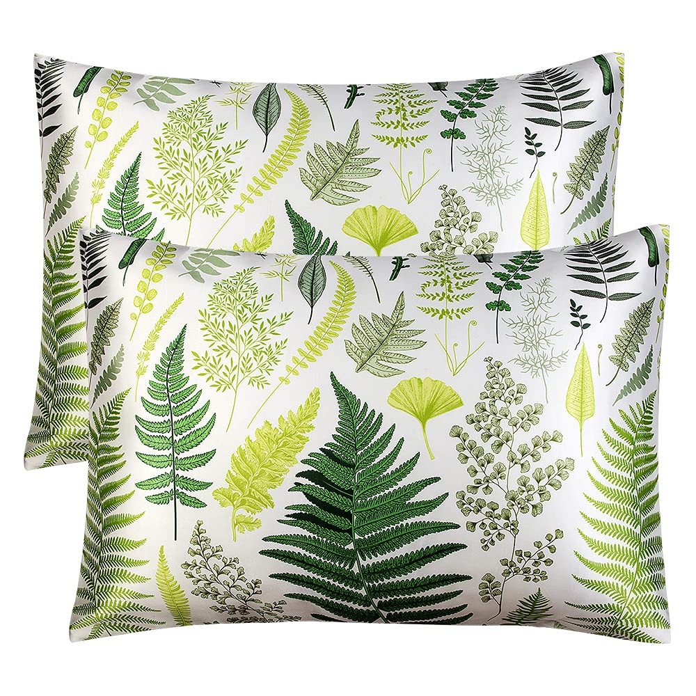 BEDELITE Satin Pillowcase Set of 2 - Super Soft Silk Pillow Covers for Hair & Skin Care, Cooling Digital Printed Pillowcases with Envelope Closure (Fern Green, 20x26 Inches) - Perfect for Beauty Sleep & Hot Sleepers