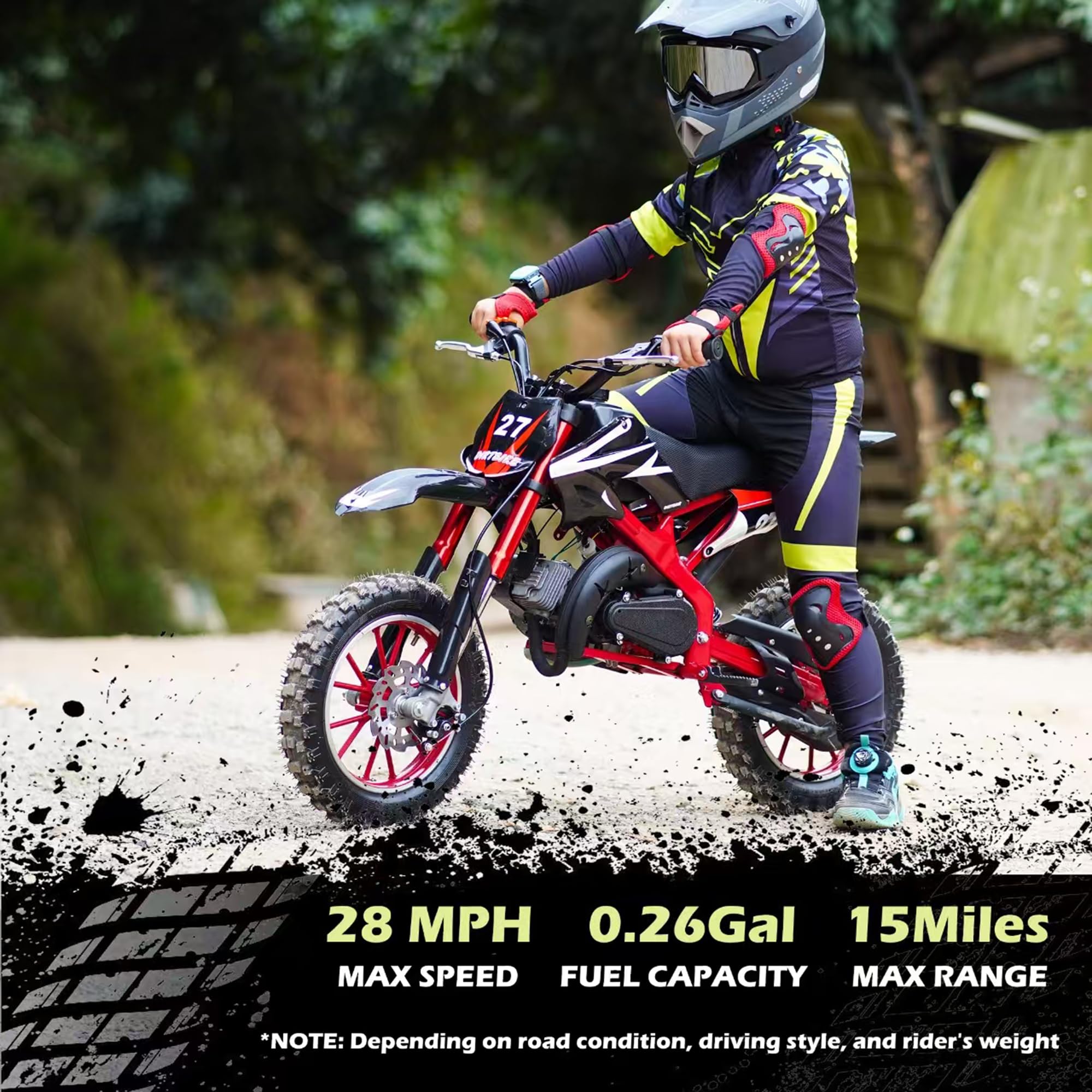 49cc Kids Mini Dirt Bike - Gas Powered 2 Stroke Off-Road Motorcycle with Durable Tires, Front/Rear Disc Brakes & Shock Absorption | Perfect for Trail Riding, Motocross & Backyard Adventures for Young Riders Ages 6-12