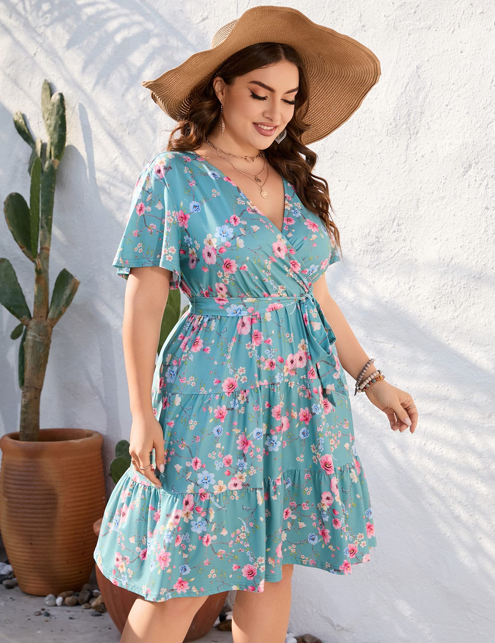 KOJOOIN Women's Plus Size V-Neck Wrap Dress - High Waisted Short Sleeve Summer Casual Midi Dress with Belt | Perfect for Beach Vacations, Date Nights & Office Wear