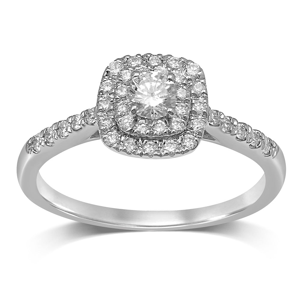 18ct White Gold 1/2 Carat Brilliant Diamond Double Halo Cushion Shaped Engagement Ring for Women - Perfect for Proposals, Anniversaries & Special Occasions